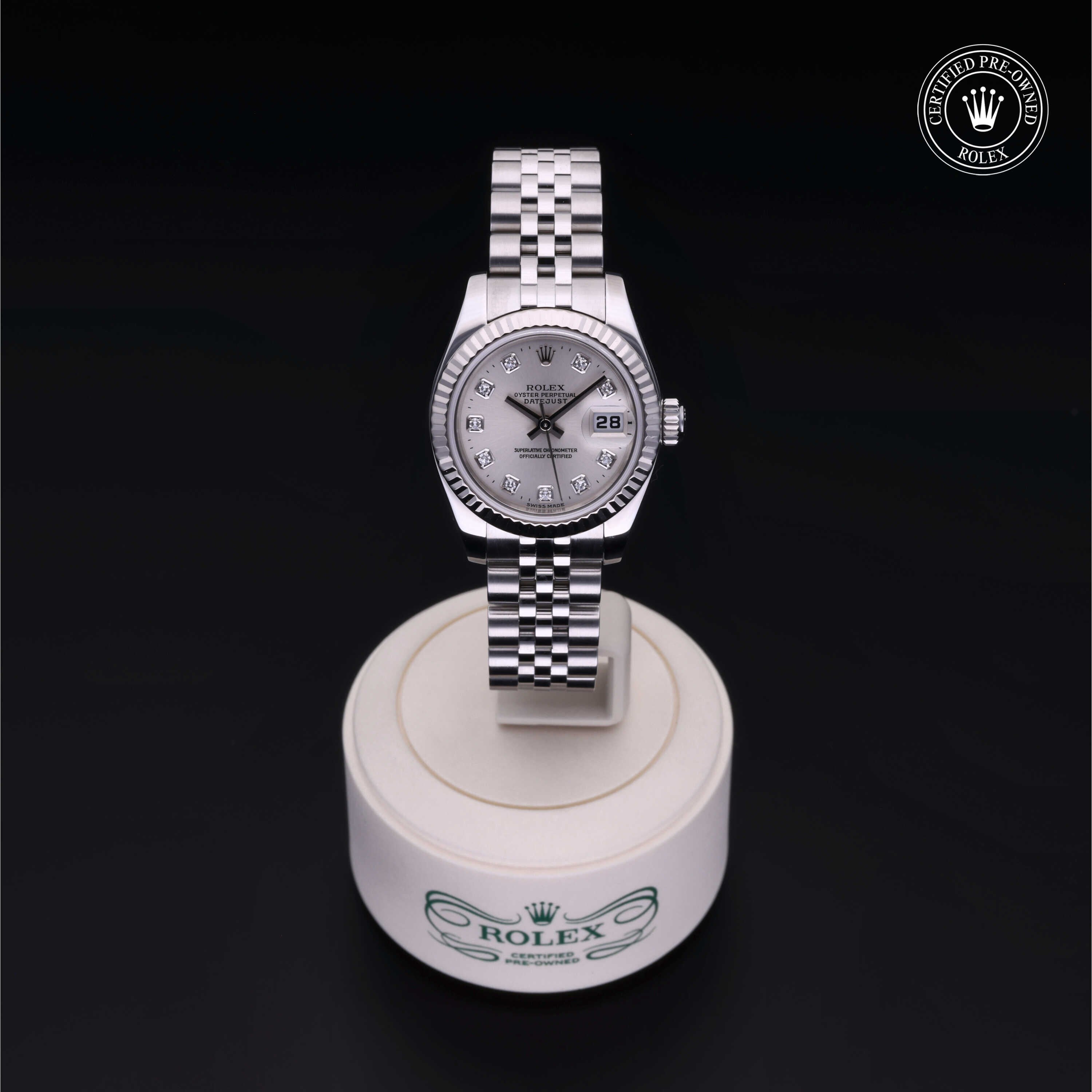 Rolex Certified Pre-owned Lady Datejust M179174-0030 front on black background