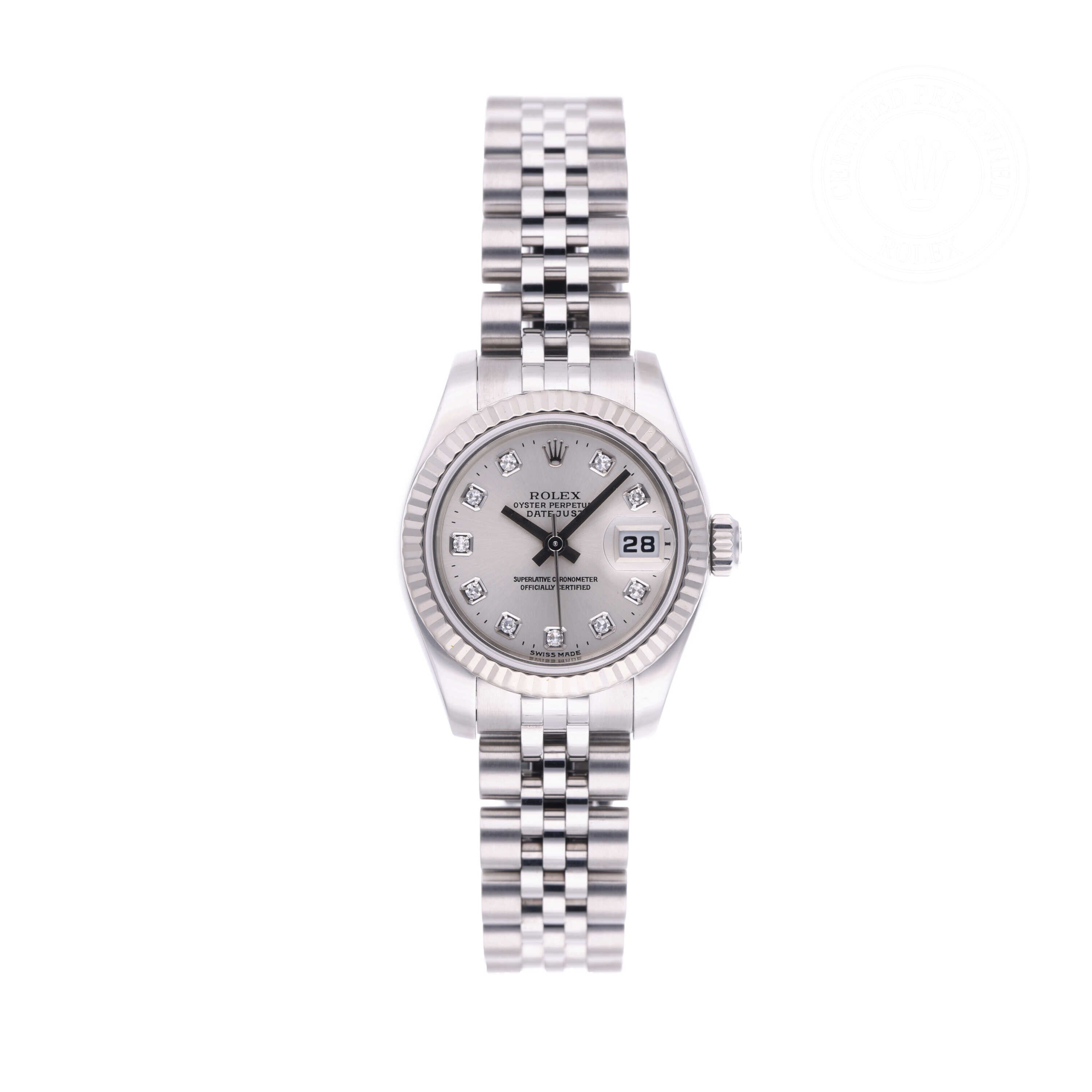 Rolex Certified Pre-owned Lady Datejust M179174-0030 front on white background