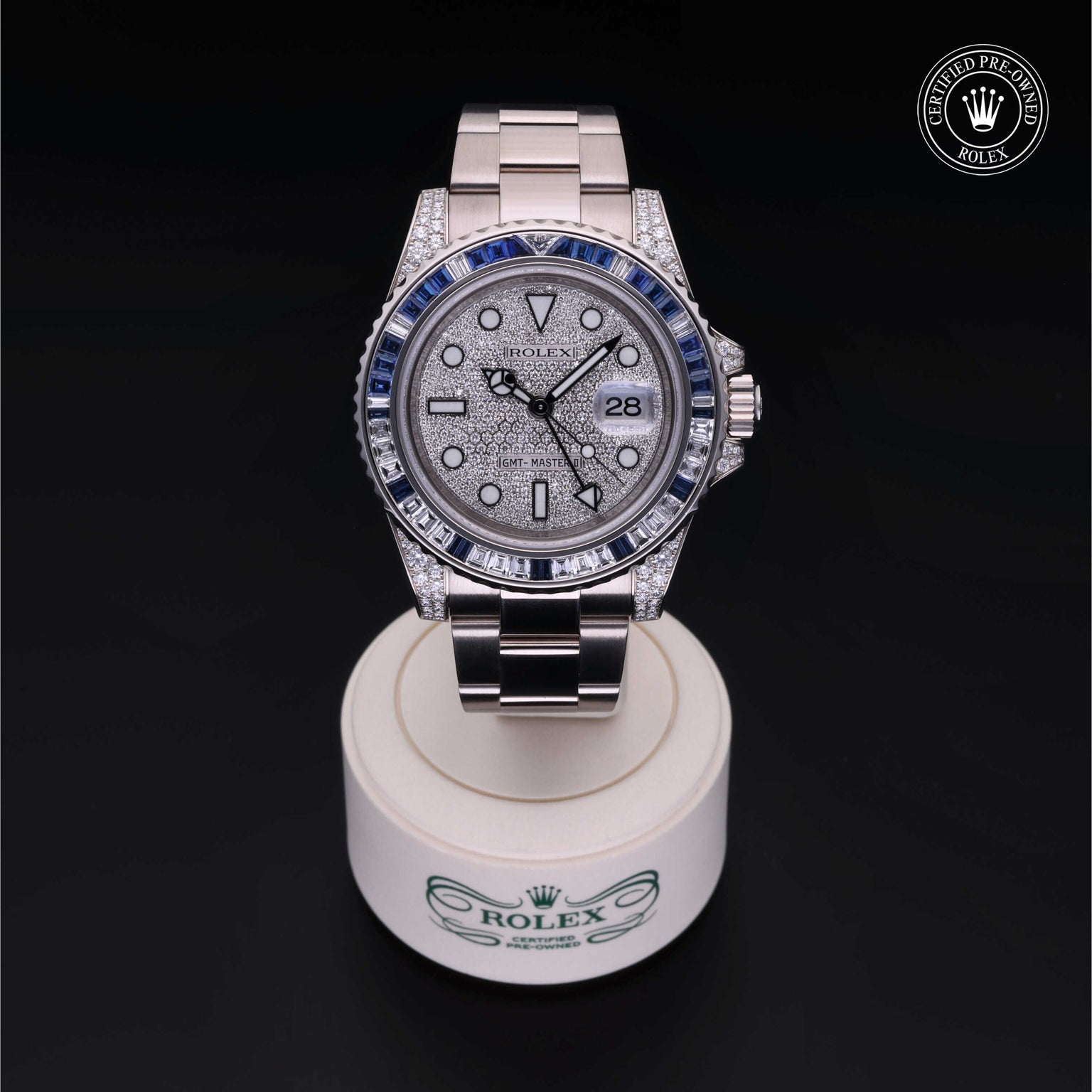 Rolex Certified Pre-owned GMT II M116759SA-0002 front on black background