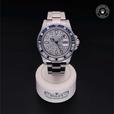 Rolex Certified Pre-owned GMT II M116759SA-0002 front on black background
