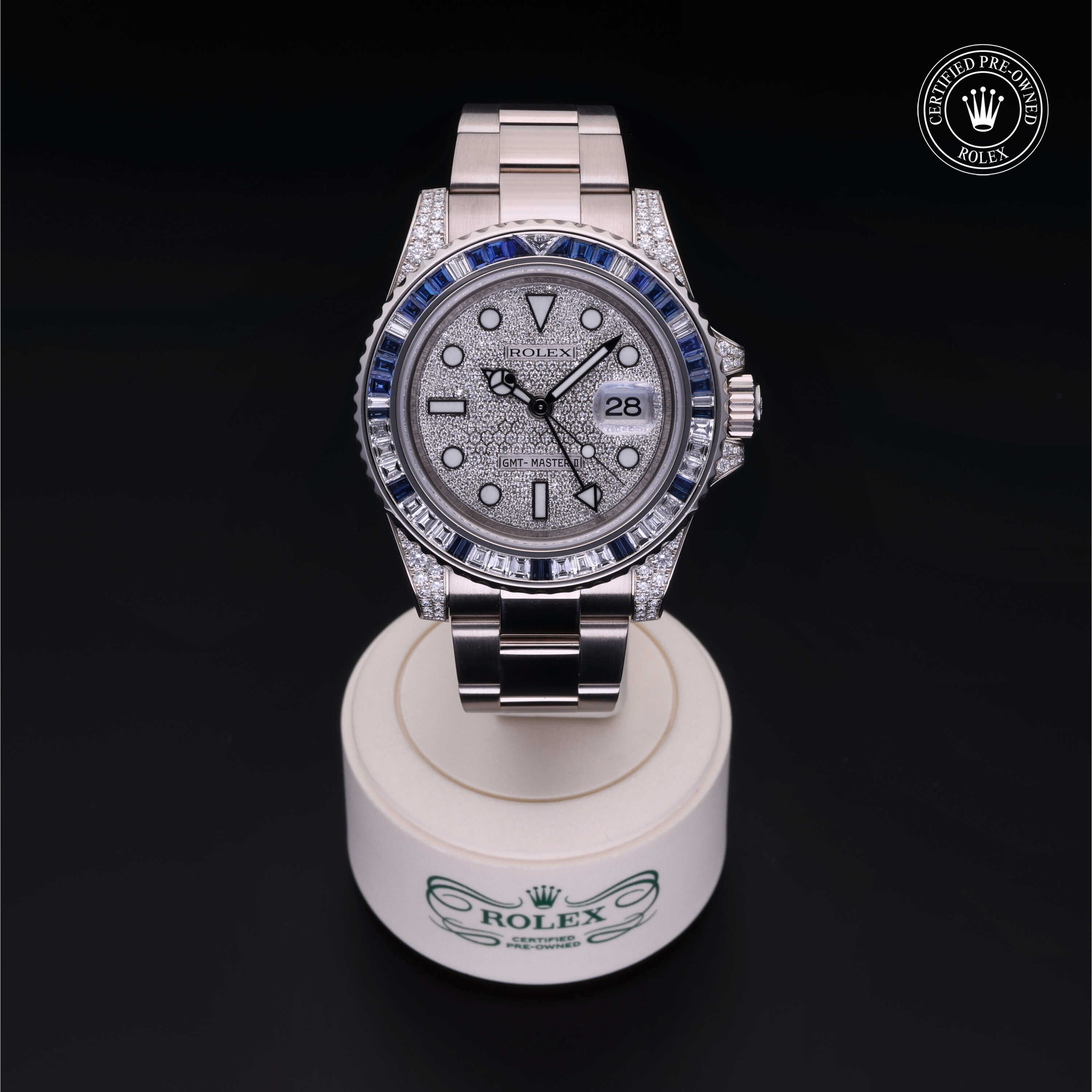 Rolex Certified Pre-owned GMT II M116759SA-0002 front on black background