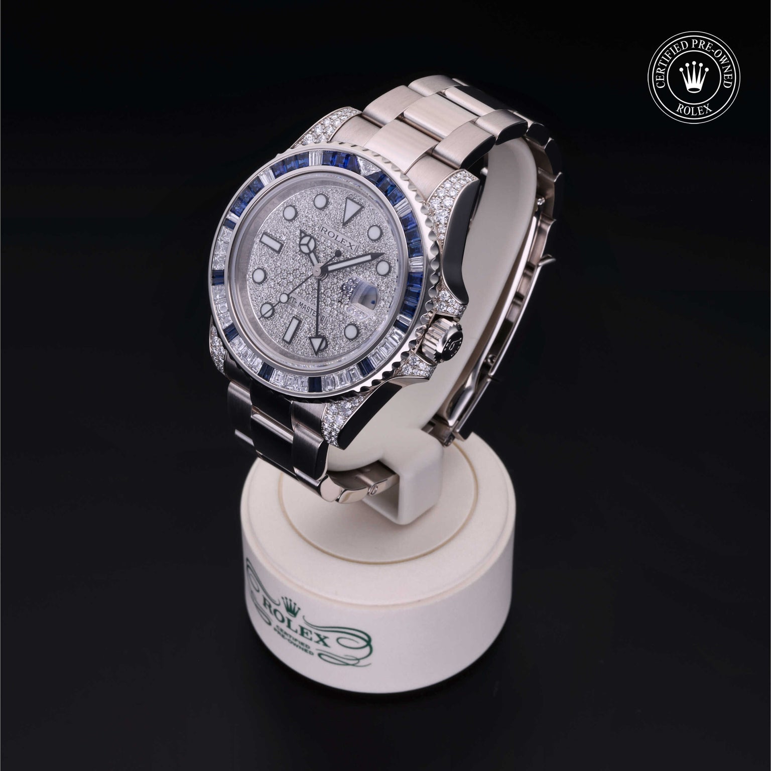 Rolex Certified Pre-owned GMT II M116759SA-0002 front on black background