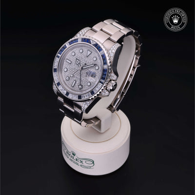 Rolex Certified Pre-owned GMT II M116759SA-0002 front on black background