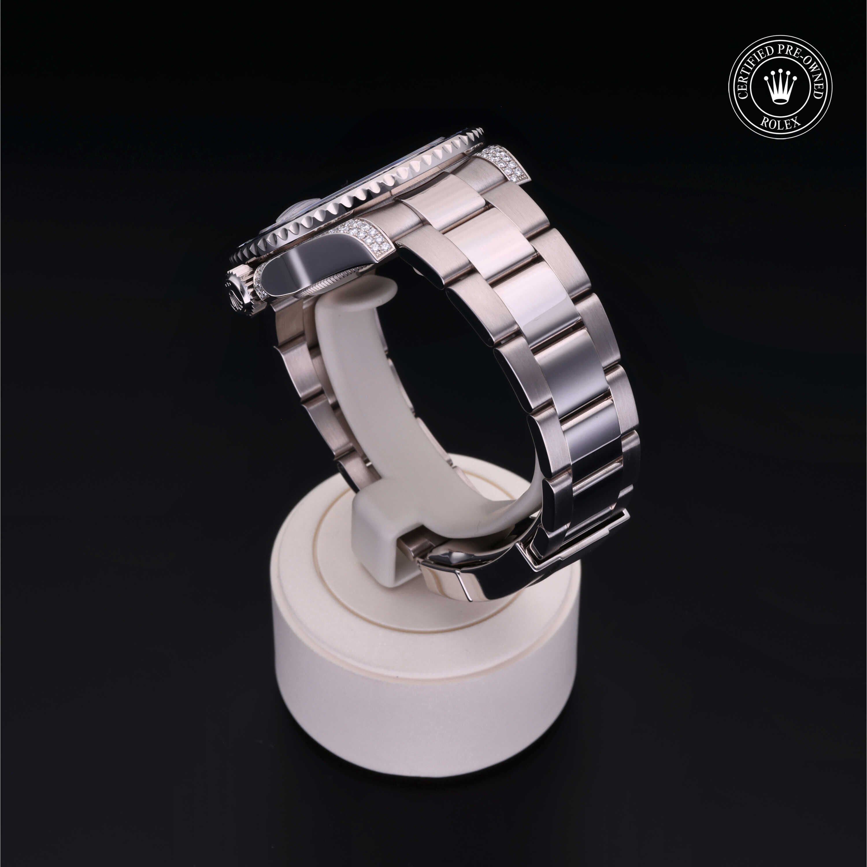 Rolex Certified Pre-owned GMT II M116759SA-0002 front on black background