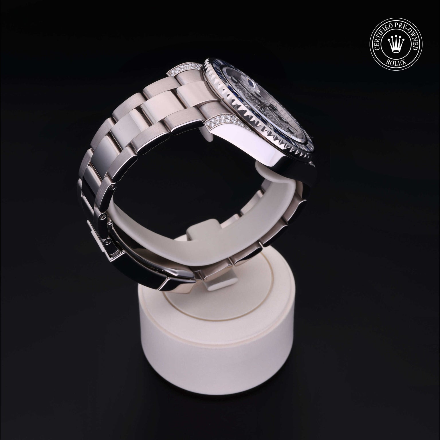 Rolex Certified Pre-owned GMT II M116759SA-0002 front on black background