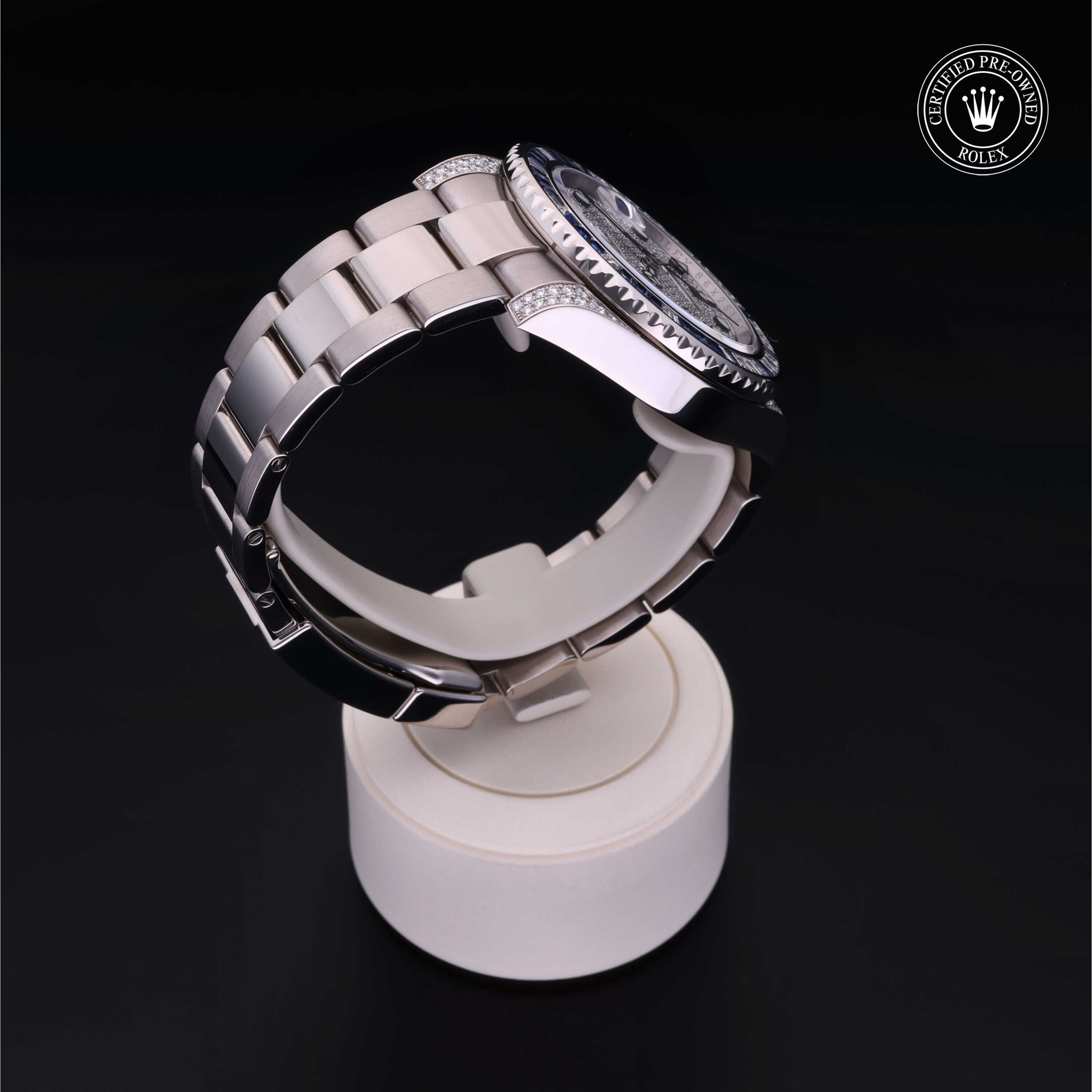 Rolex Certified Pre-owned GMT II M116759SA-0002 front on black background