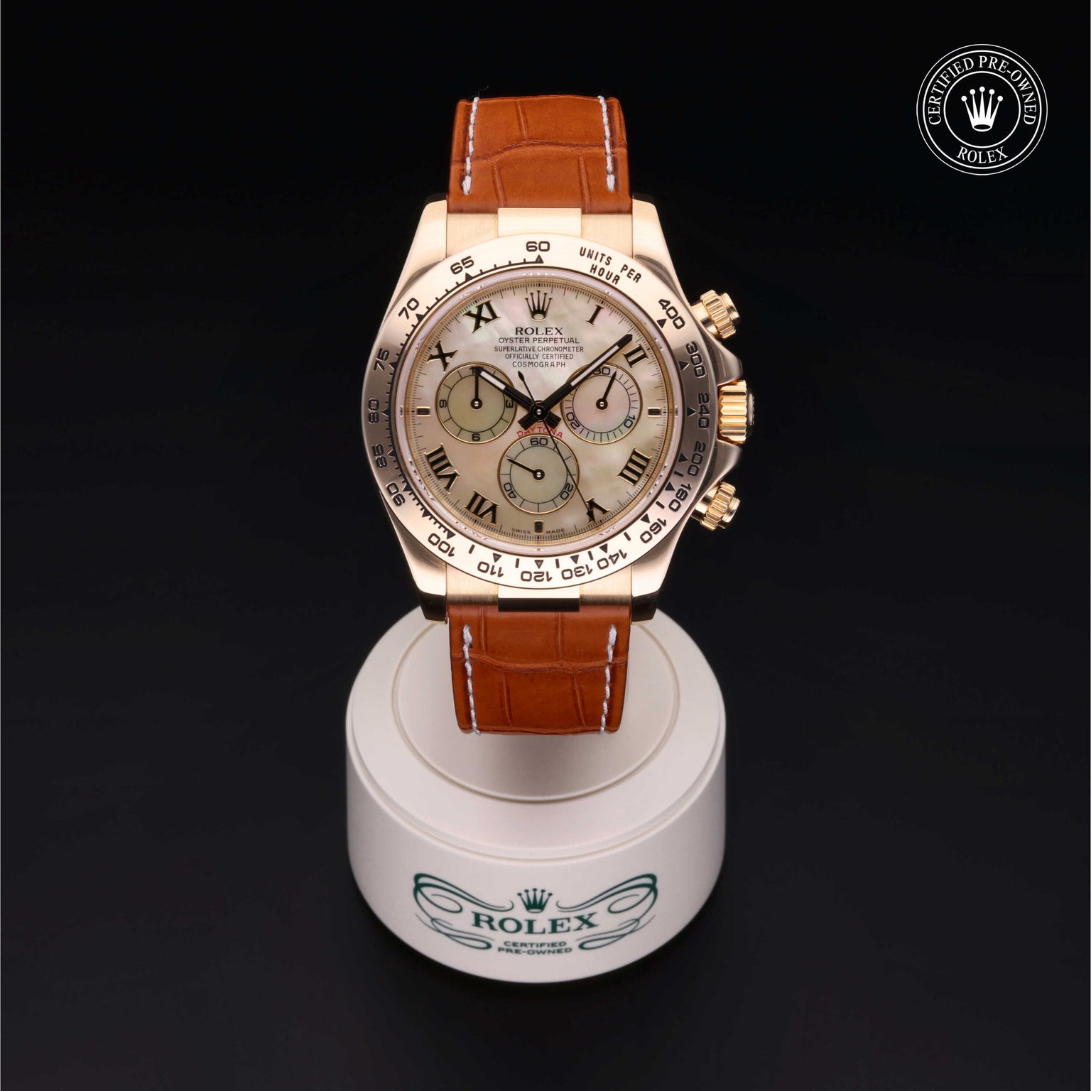 Rolex Certified Pre-owned Daytona M116518-0034 front on black background