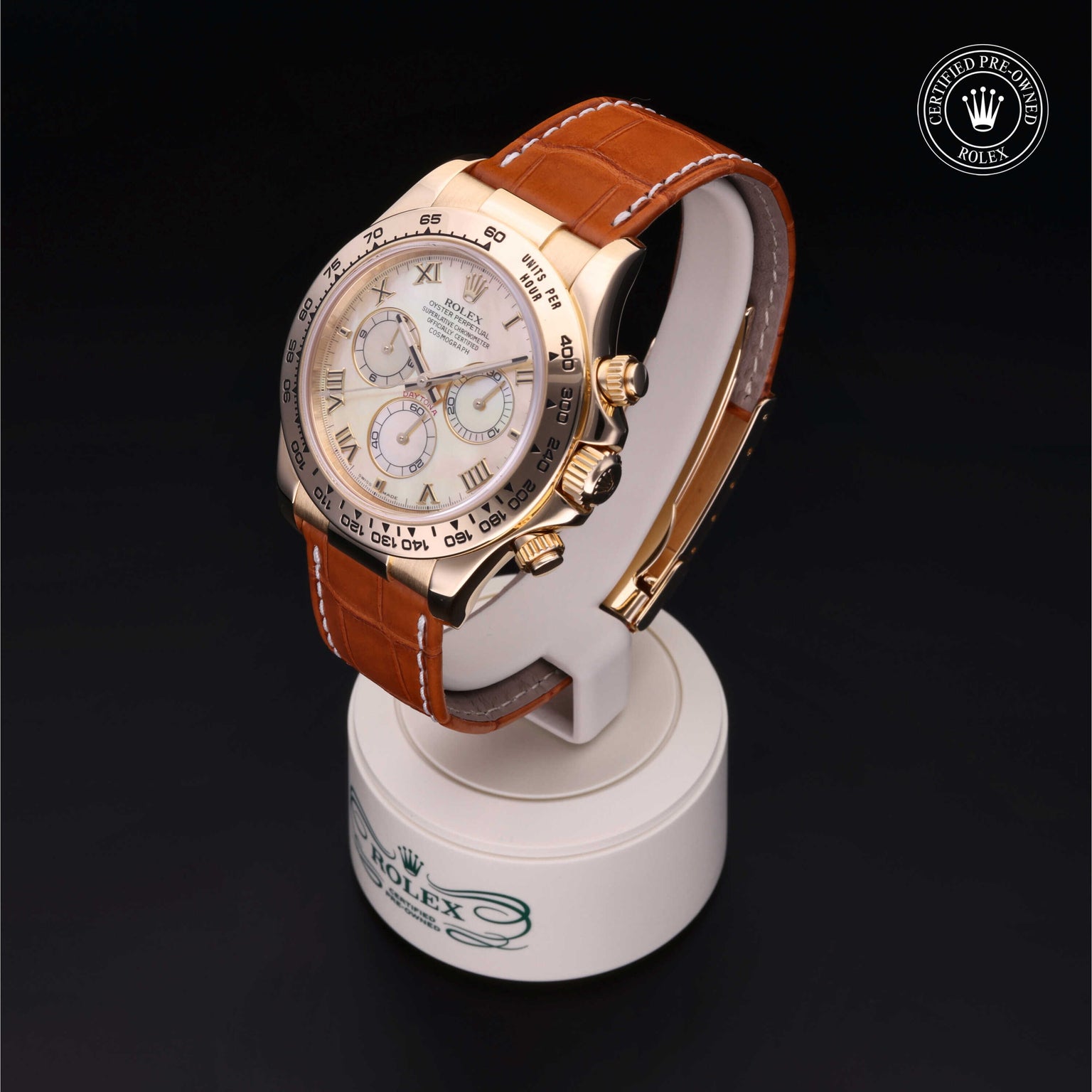 Rolex Certified Pre-owned Daytona M116518-0034 front on black background