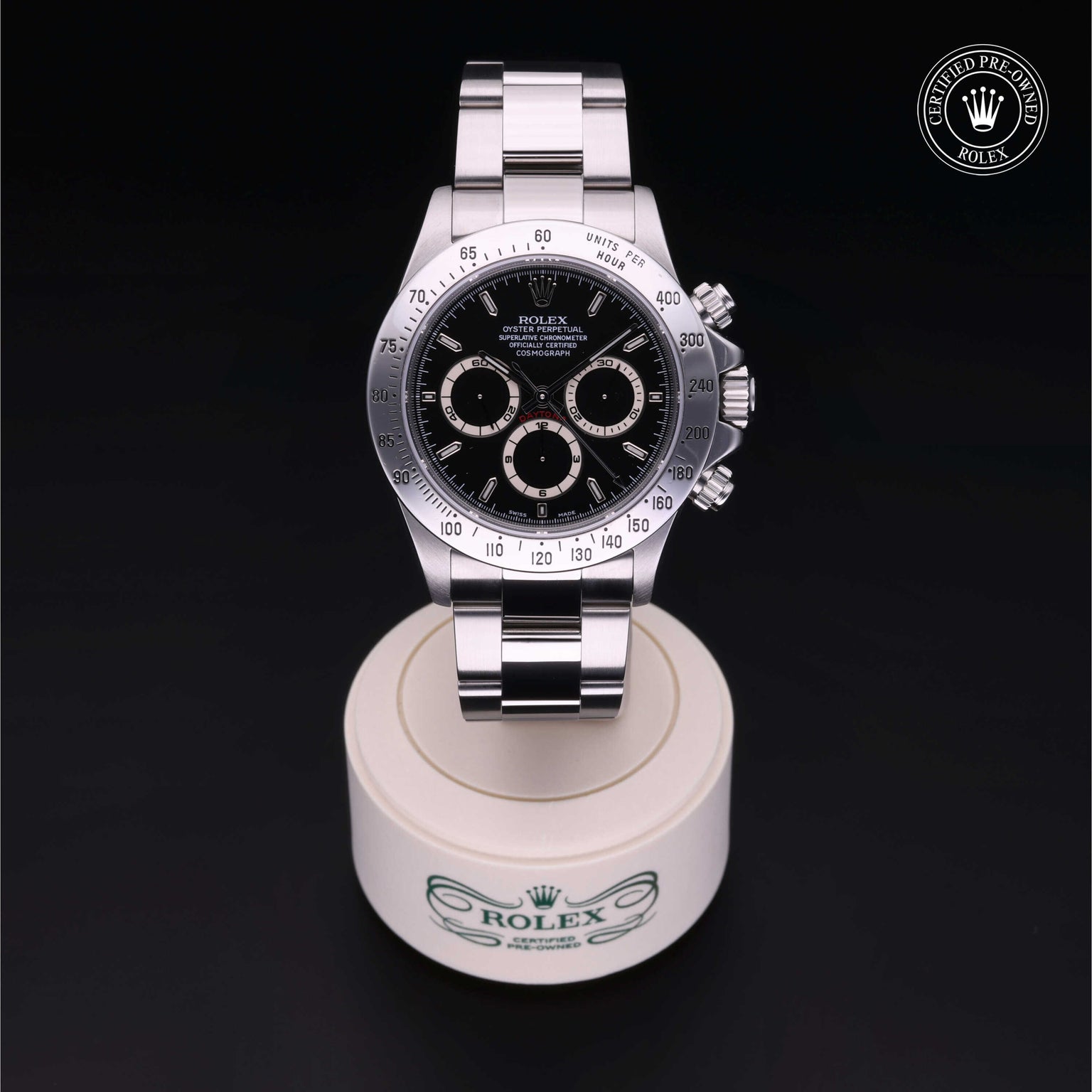 Rolex Certified Pre-owned Daytona M16520-0002 front on black background