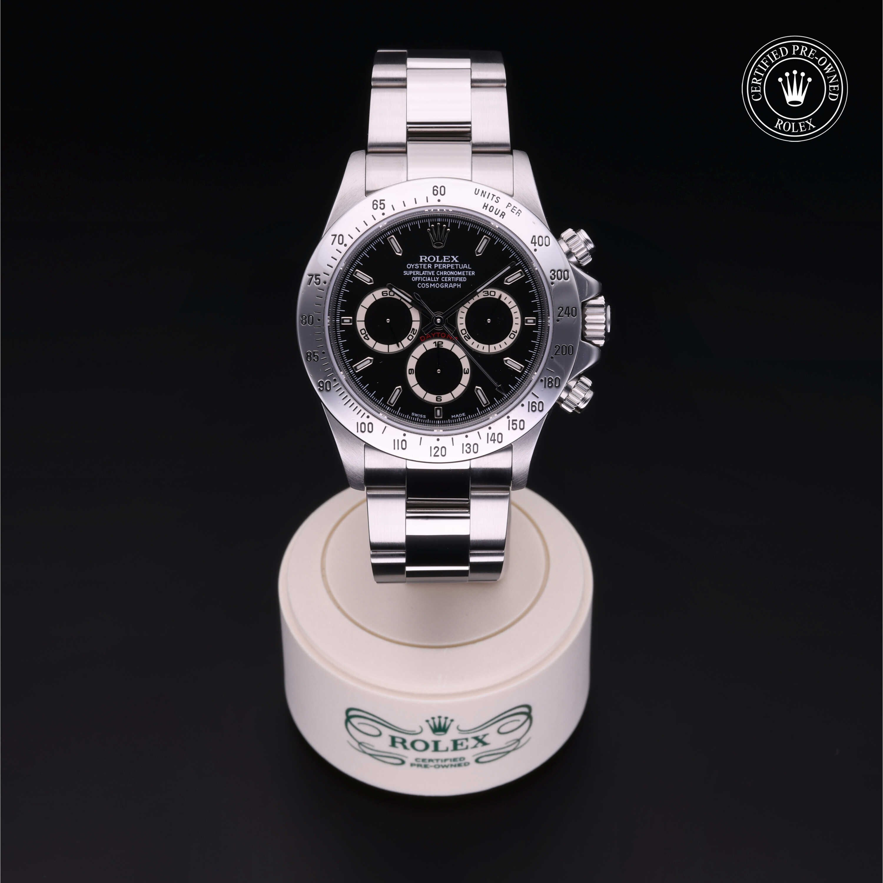 Rolex Certified Pre-owned Daytona M16520-0002 front on black background