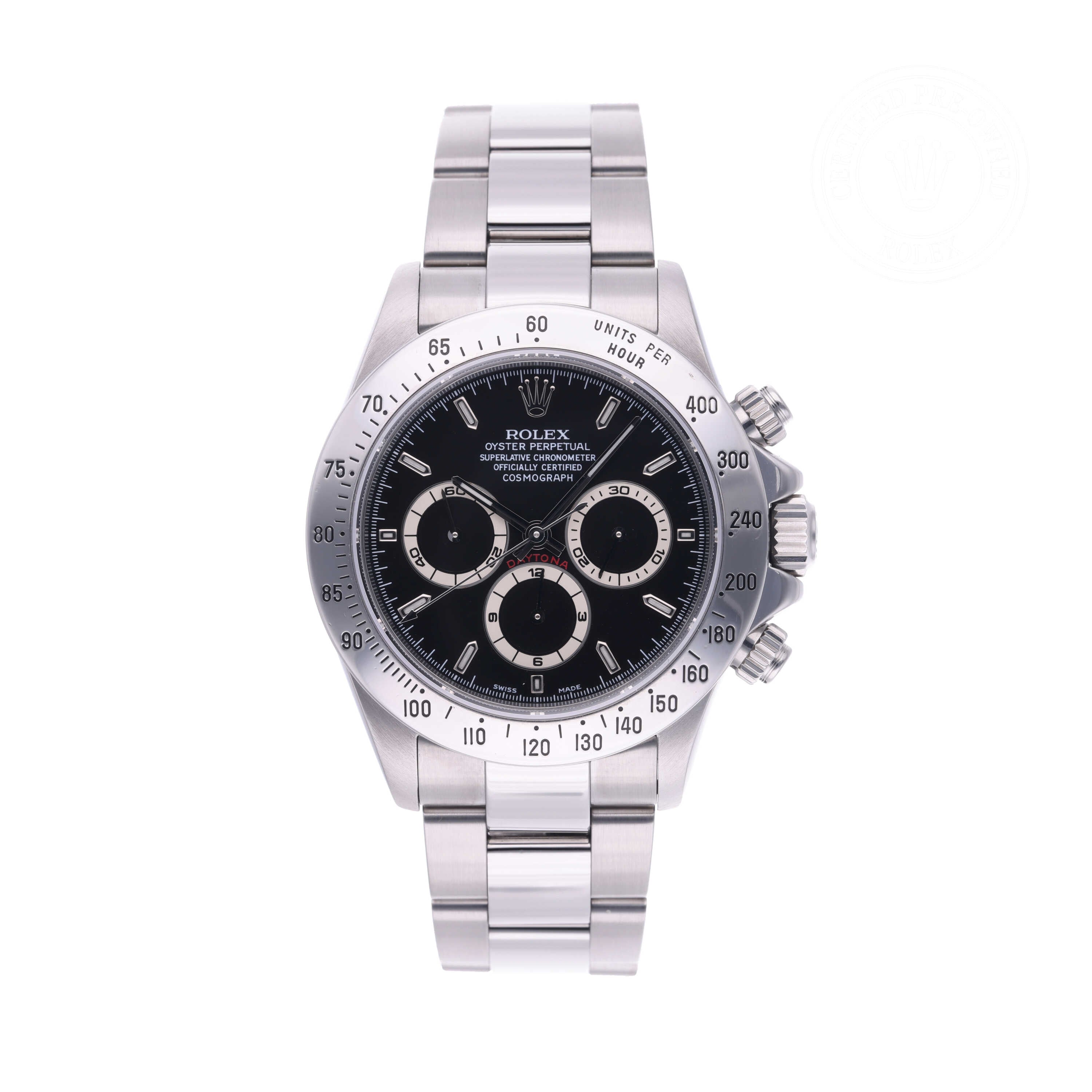Rolex Certified Pre-owned Daytona M16520-0002 front on white background