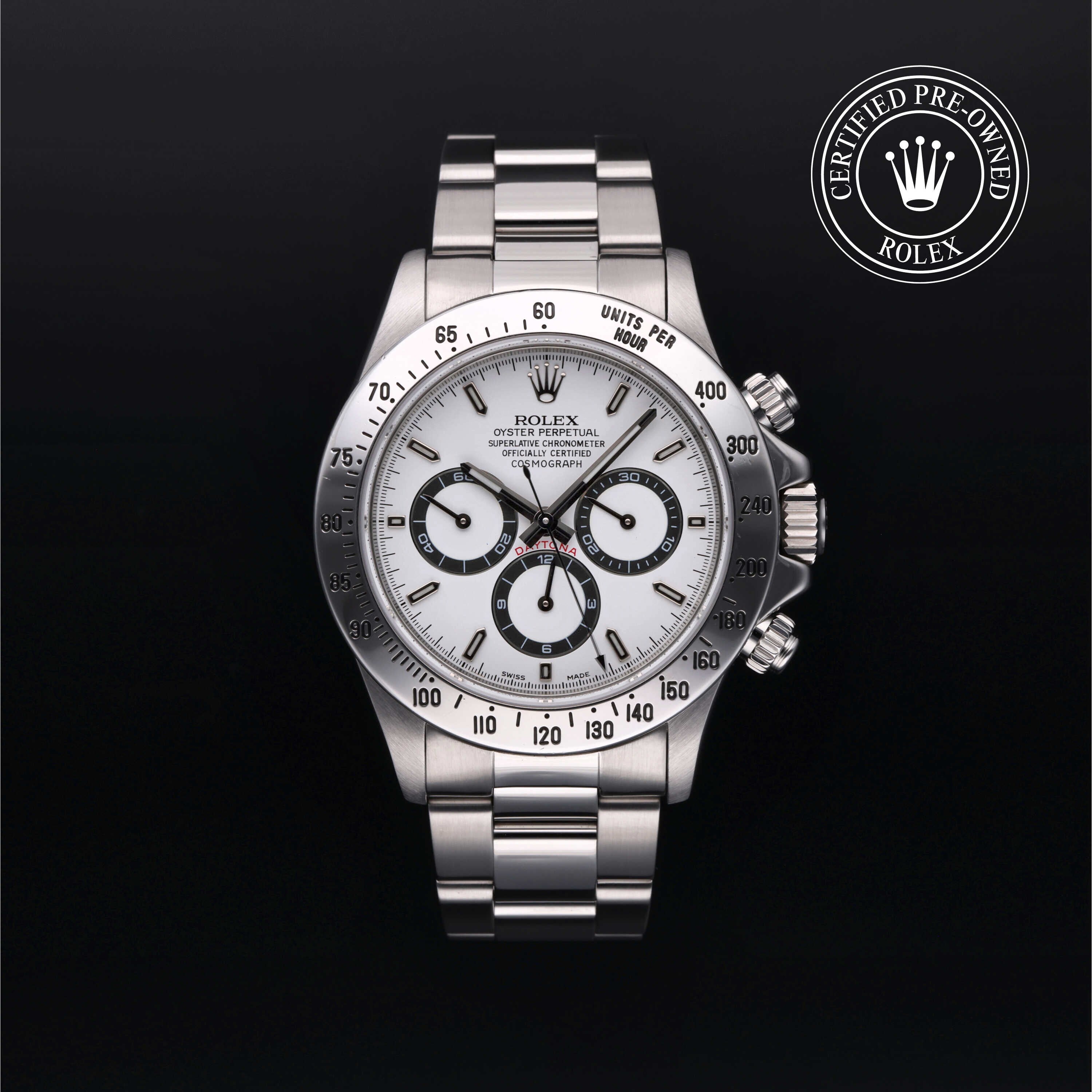 Rolex Certified Pre-owned Daytona M16520-0002 front on black background