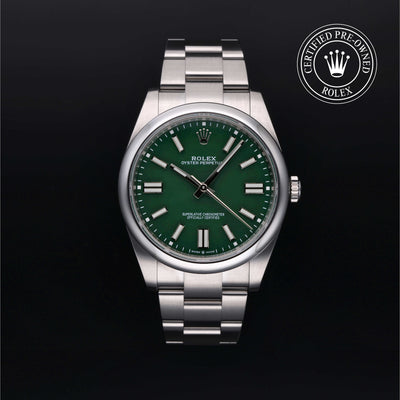Rolex Certified Pre-owned Oyster Perpetual M124300-0005 front on black background