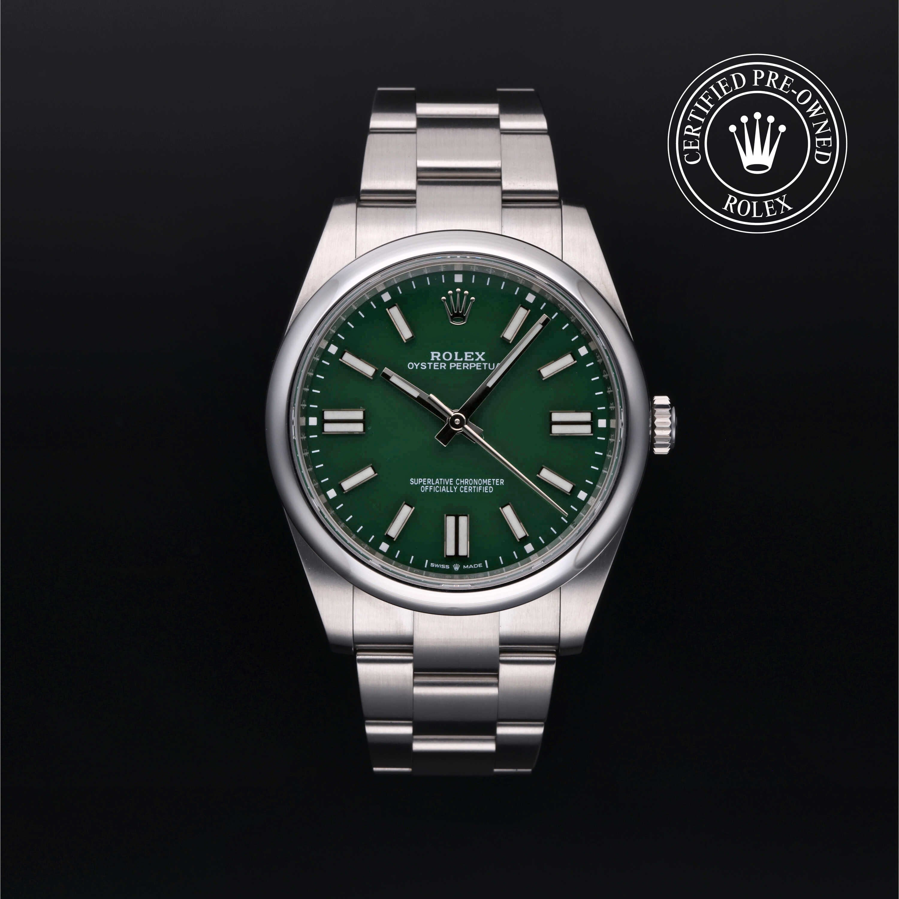 Rolex Certified Pre-owned Oyster Perpetual M124300-0005 front on black background