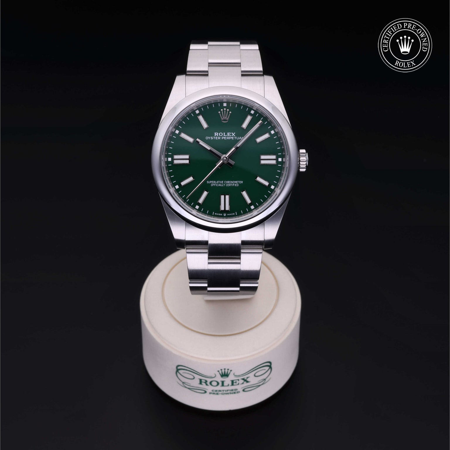 Rolex Certified Pre-owned Oyster Perpetual M124300-0005 front on black background