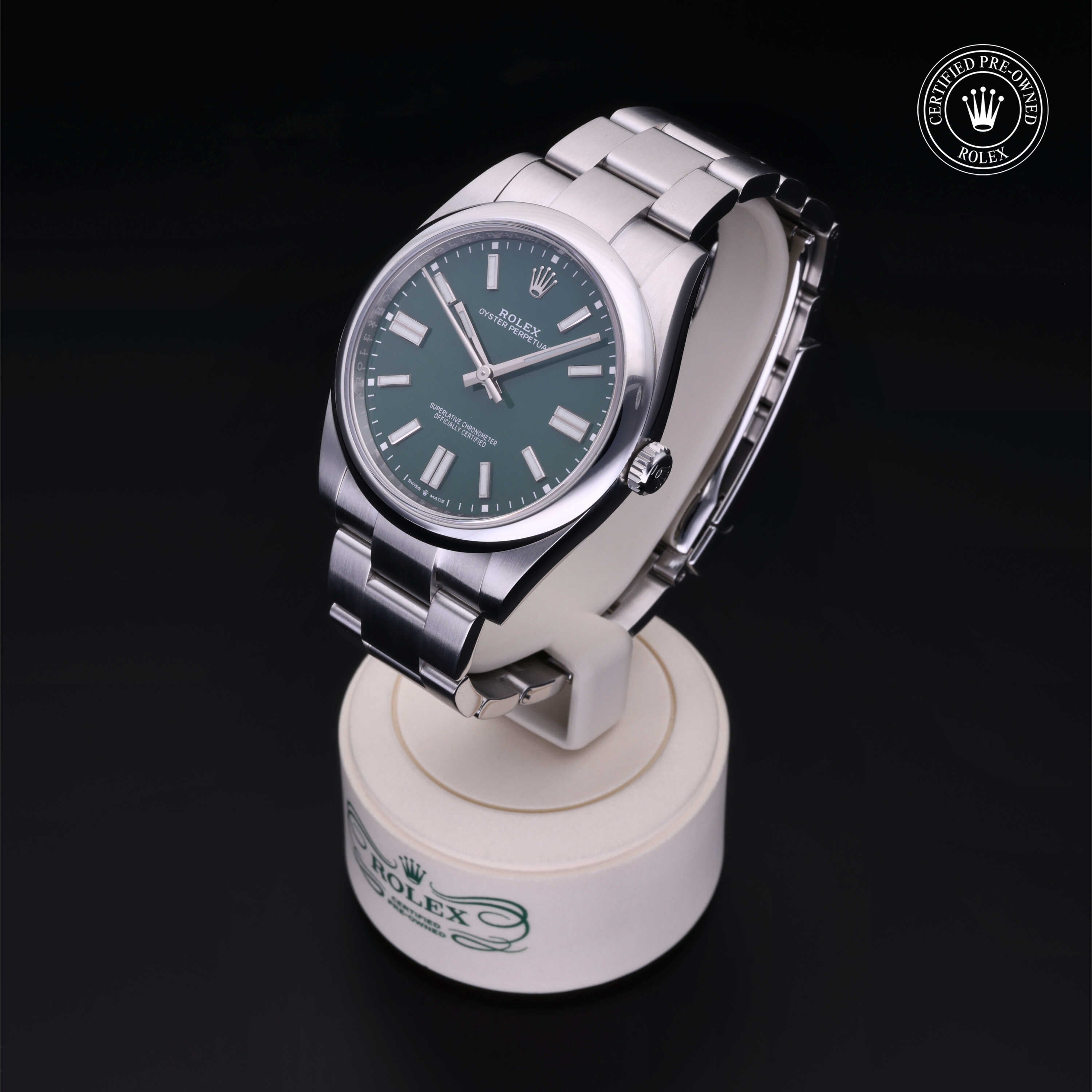 Rolex Certified Pre-owned Oyster Perpetual M124300-0005 front on black background
