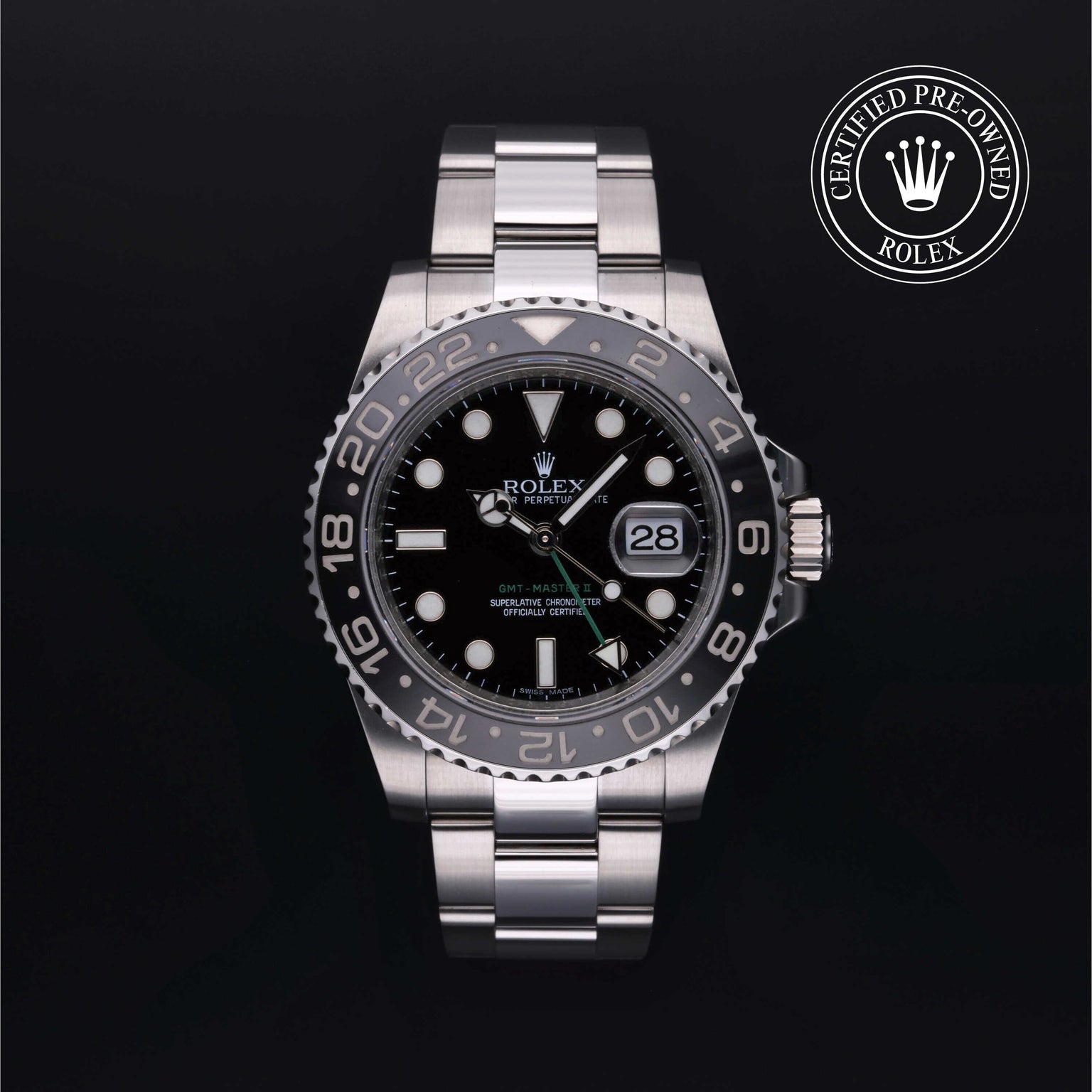 Rolex Certified Pre-owned GMT II M116710LN-0001 front on black background