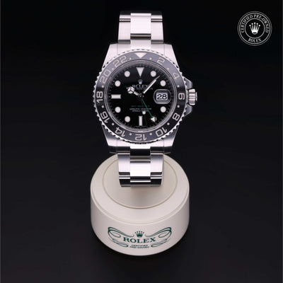 Rolex Certified Pre-owned GMT II M116710LN-0001 front on black background