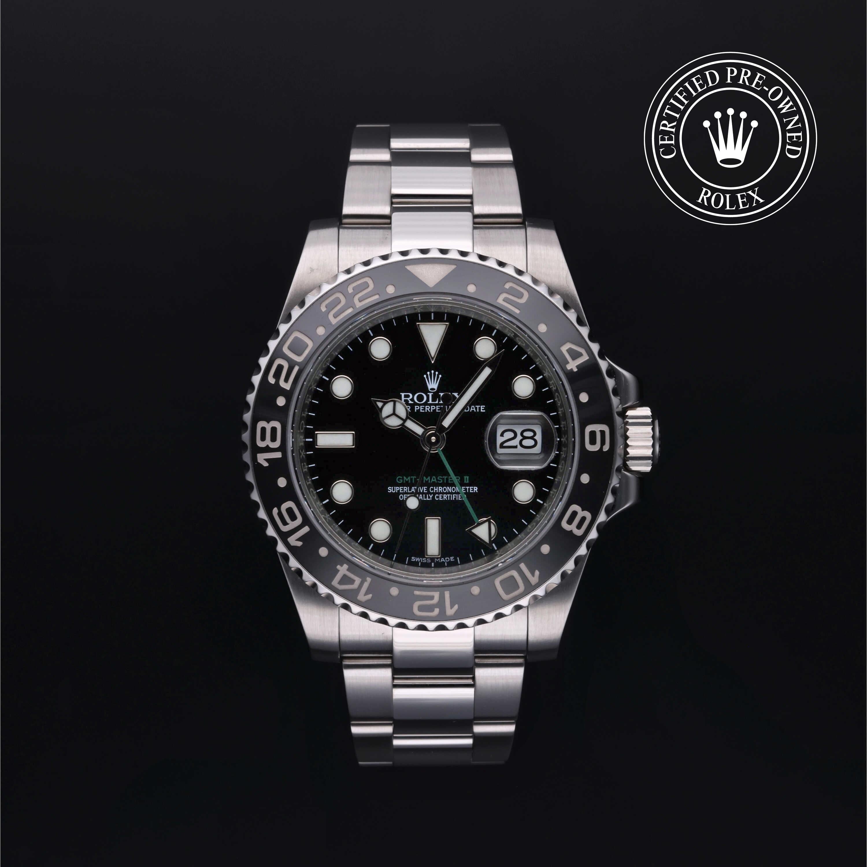 Rolex Certified Pre-owned GMT II M116710LN-0001 front on black background