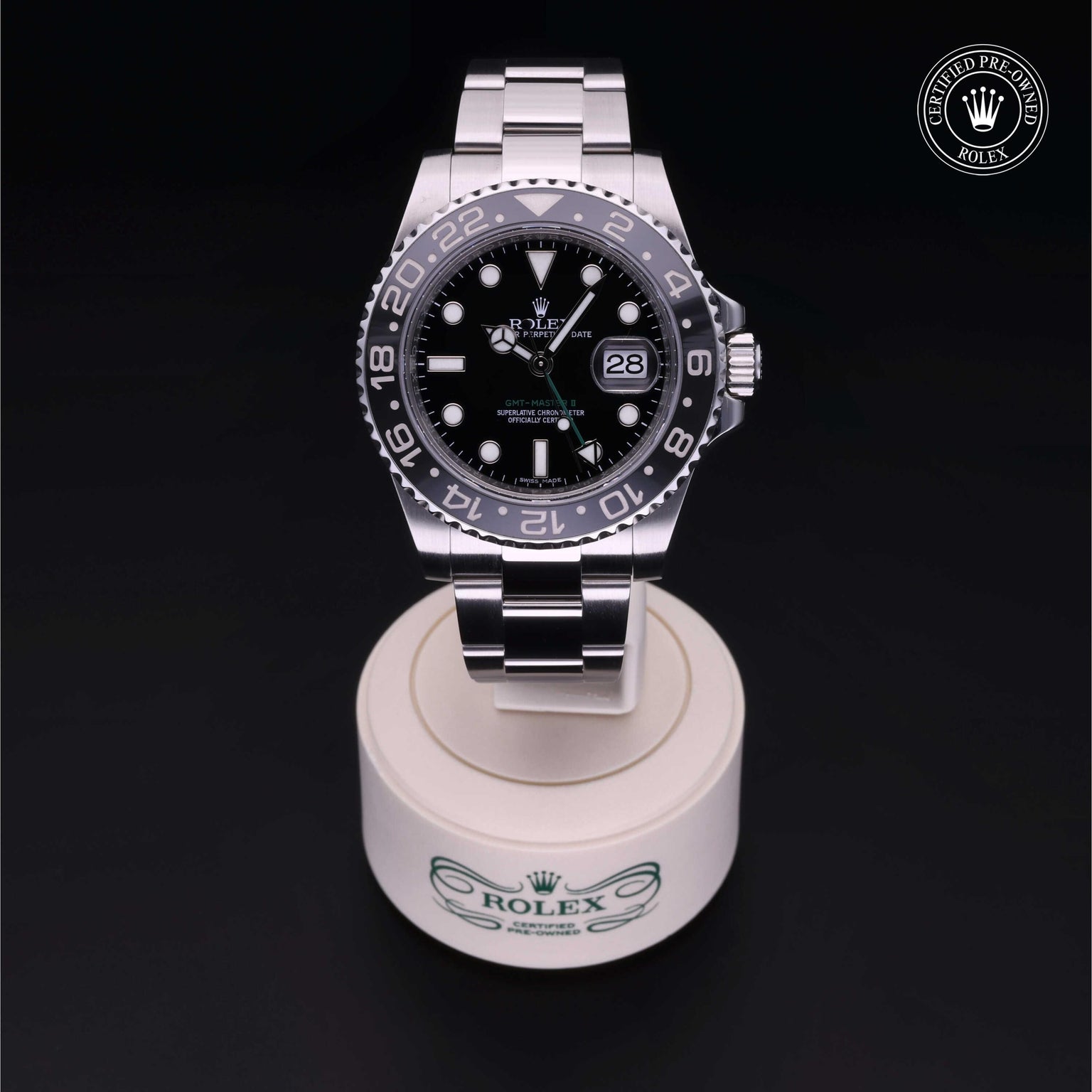 Rolex Certified Pre-owned GMT II M116710LN-0001 front on black background