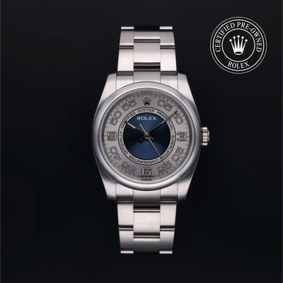 Rolex Certified Pre-owned Oyster Perpetual M116000-0004 front on black background