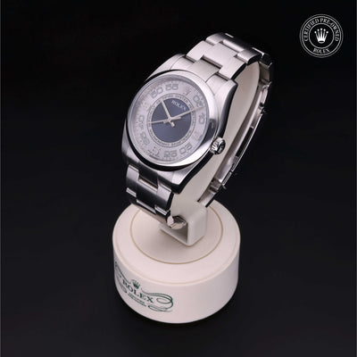 Rolex Certified Pre-owned Oyster Perpetual M116000-0004 front on black background