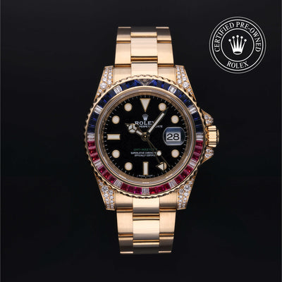Rolex Certified Pre-owned GMT II M116758SARU-0001 front on black background