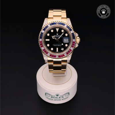 Rolex Certified Pre-owned GMT II M116758SARU-0001 front on black background