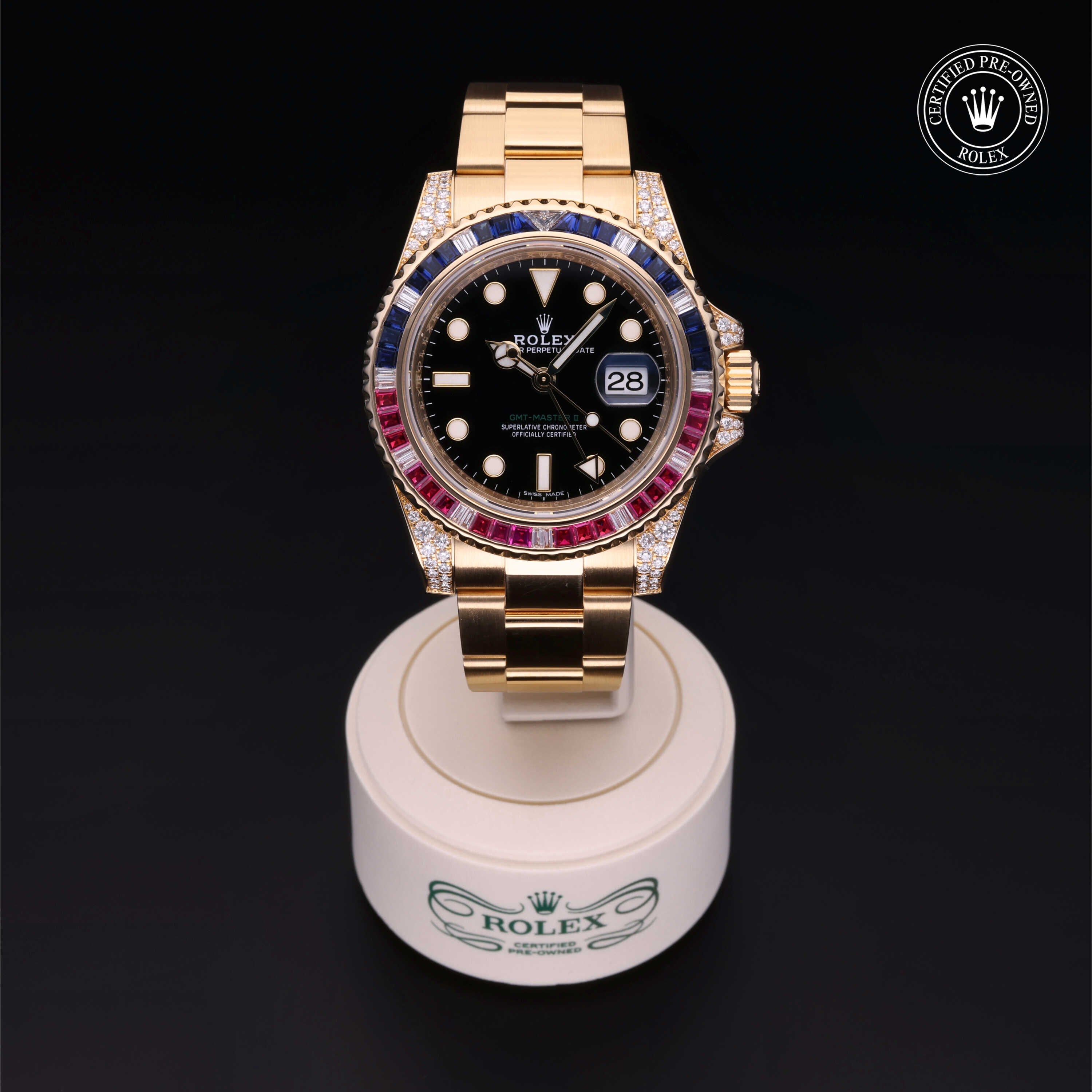 Rolex Certified Pre-owned GMT II M116758SARU-0001 front on black background