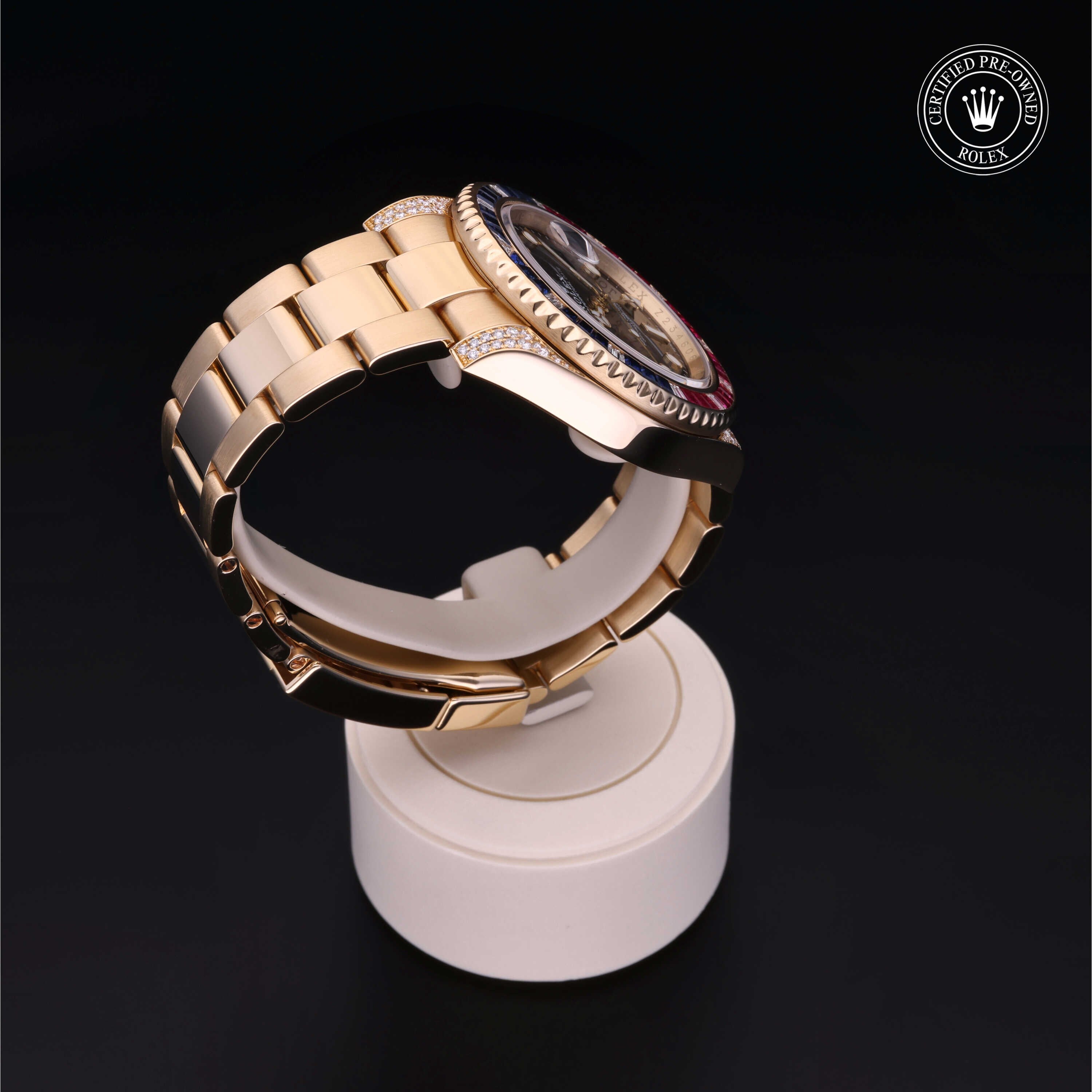 Rolex Certified Pre-owned GMT II M116758SARU-0001 front on black background