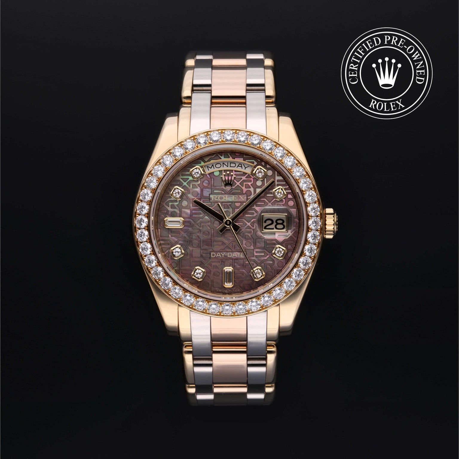 Rolex Certified Pre-owned Pearlmaster Day-Date M18948-0025 front on black background