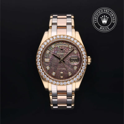 Rolex Certified Pre-owned Pearlmaster Day-Date M18948-0025 front on black background