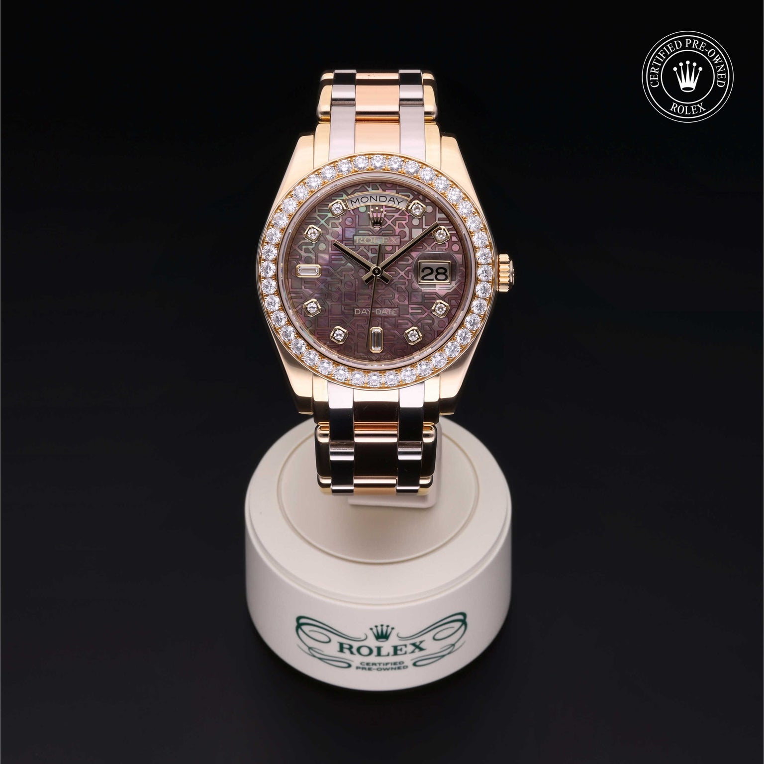 Rolex Certified Pre-owned Pearlmaster Day-Date M18948-0025 front on black background