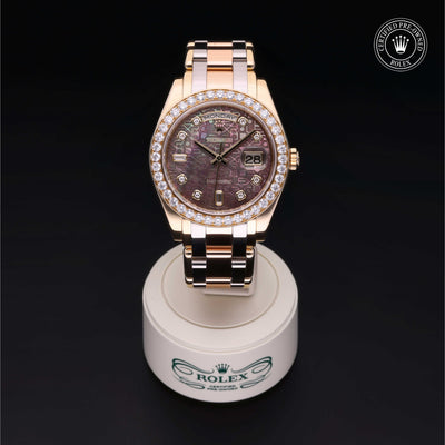 Rolex Certified Pre-owned Pearlmaster Day-Date M18948-0025 front on black background