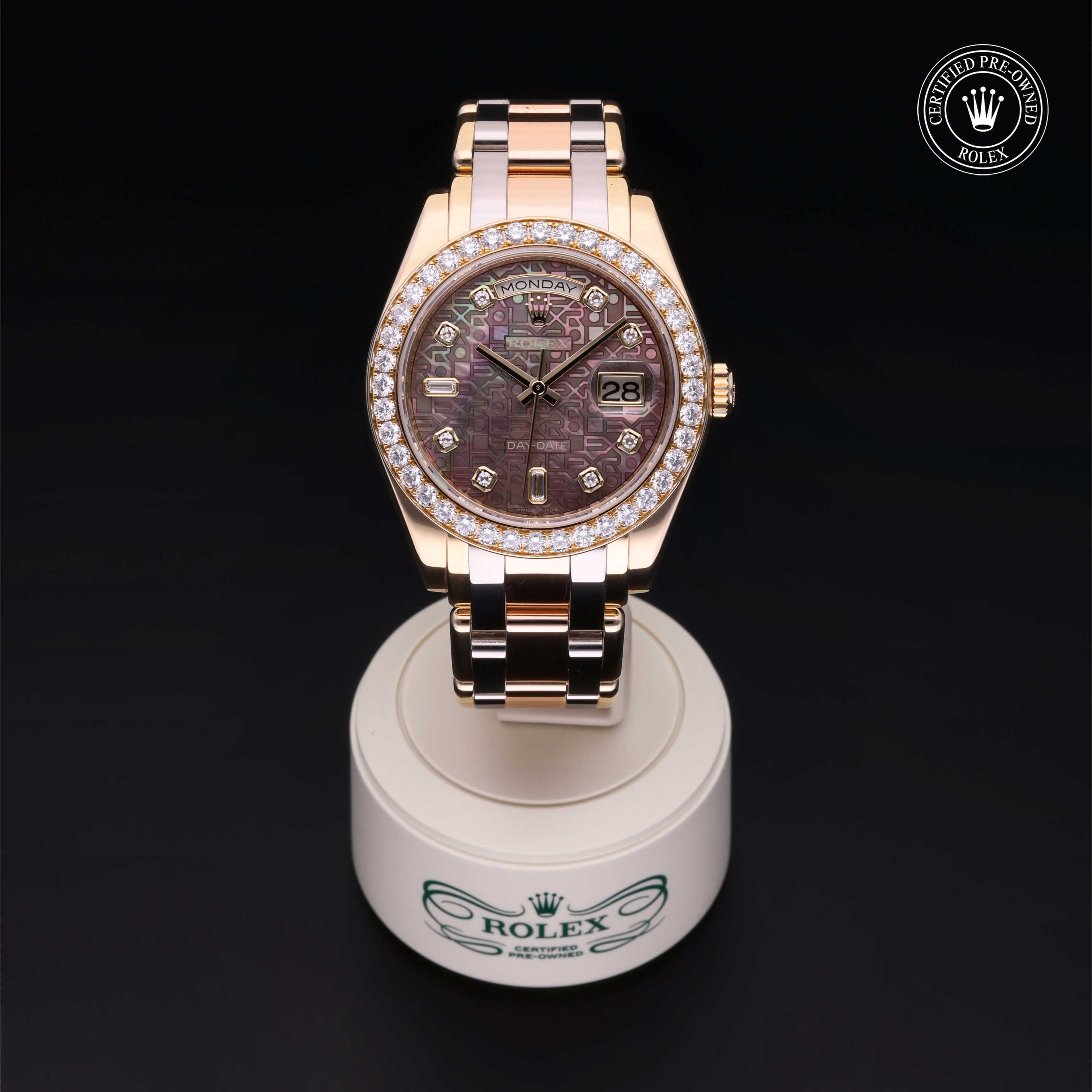 Rolex Certified Pre-owned Pearlmaster Day-Date M18948-0025 front on black background