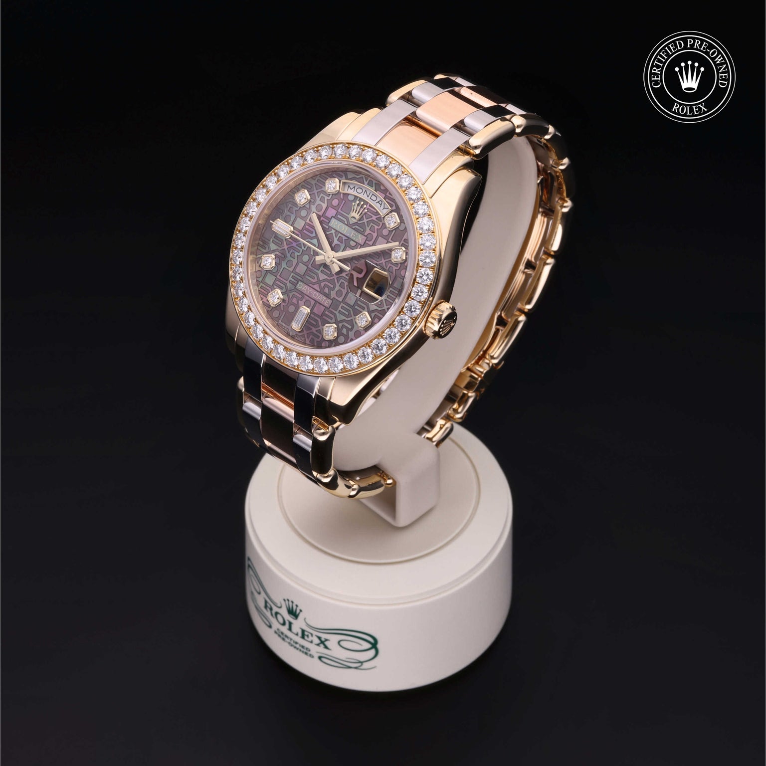 Rolex Certified Pre-owned Pearlmaster Day-Date M18948-0025 front on black background