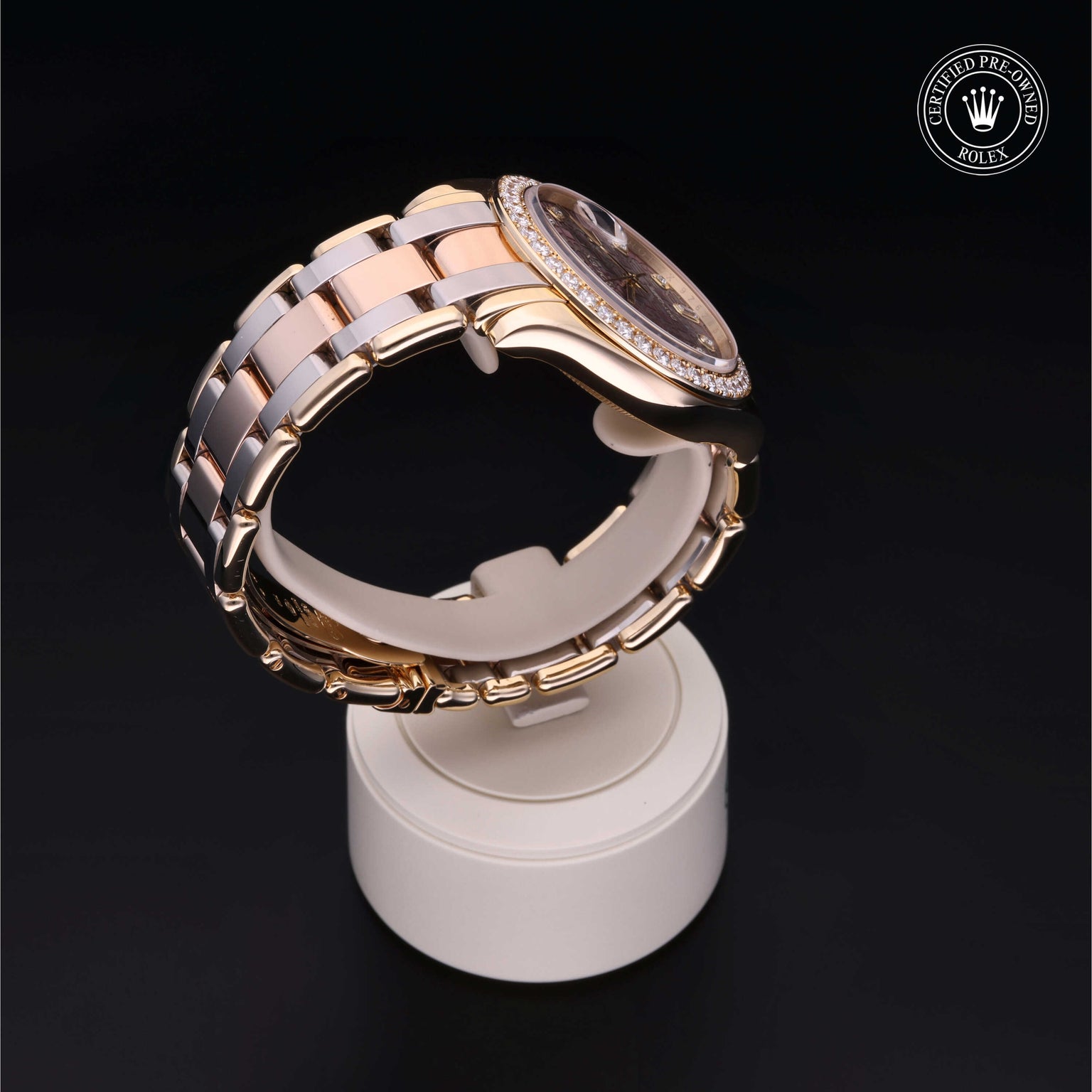 Rolex Certified Pre-owned Pearlmaster Day-Date M18948-0025 front on black background