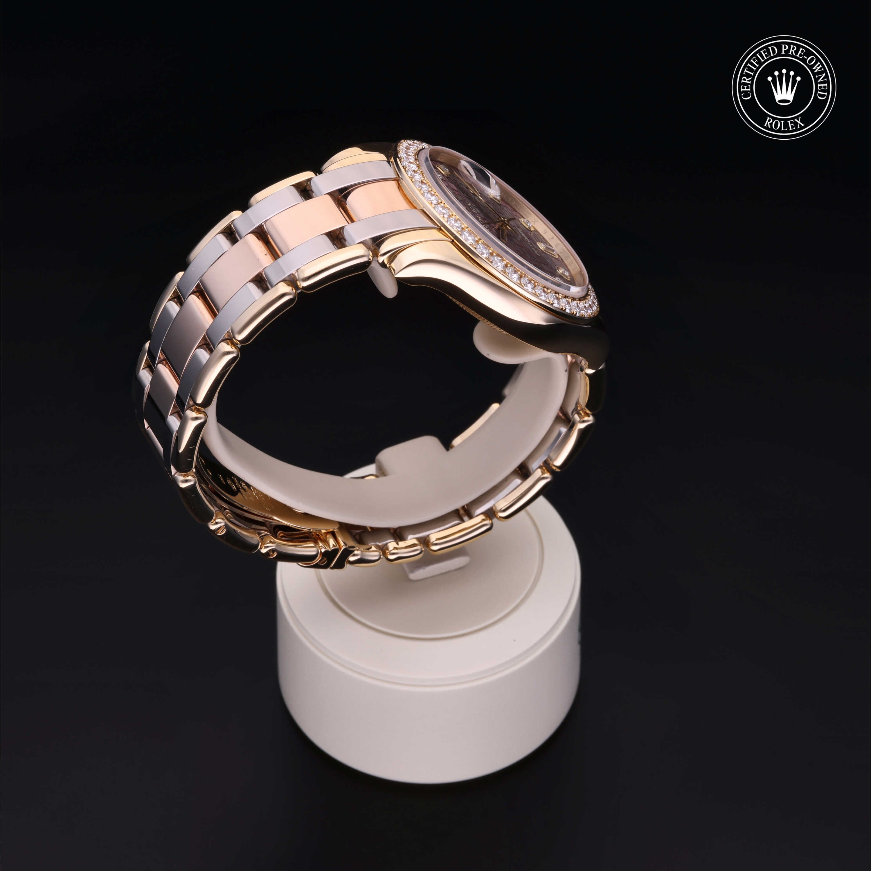 Rolex Certified Pre-owned Pearlmaster Day-Date M18948-0025 front on black background