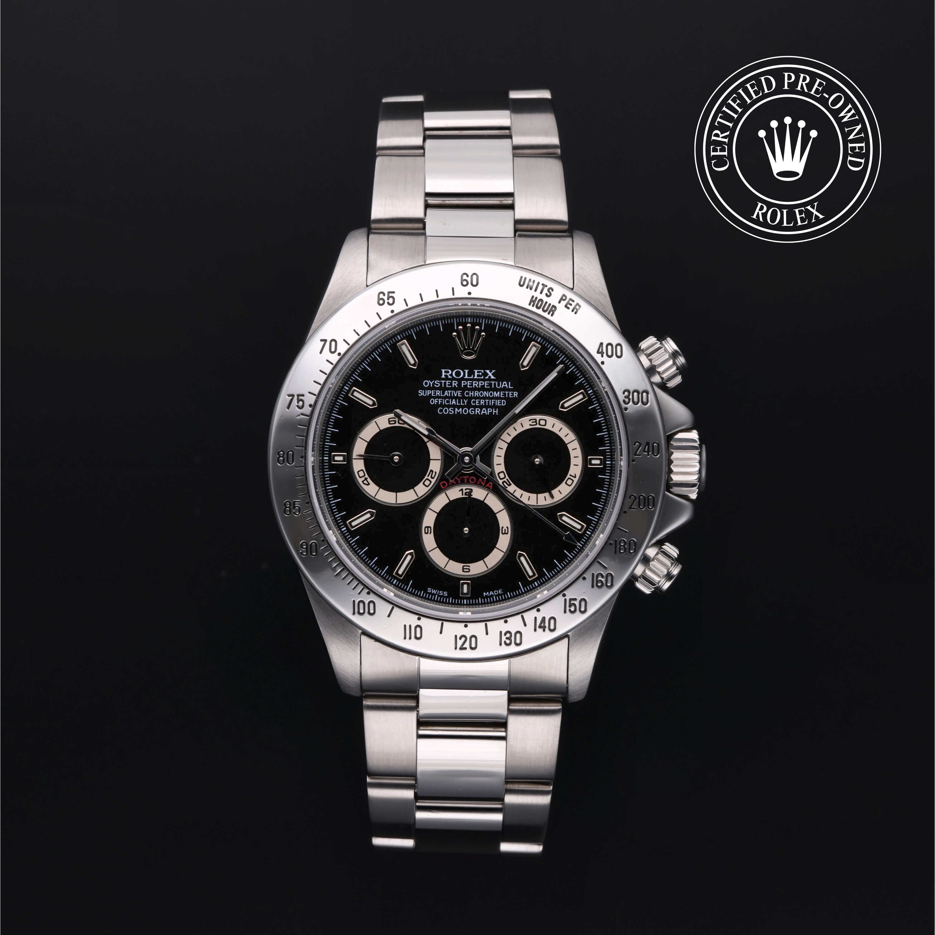 Rolex Certified Pre-owned Daytona M16520-0002 front on black background