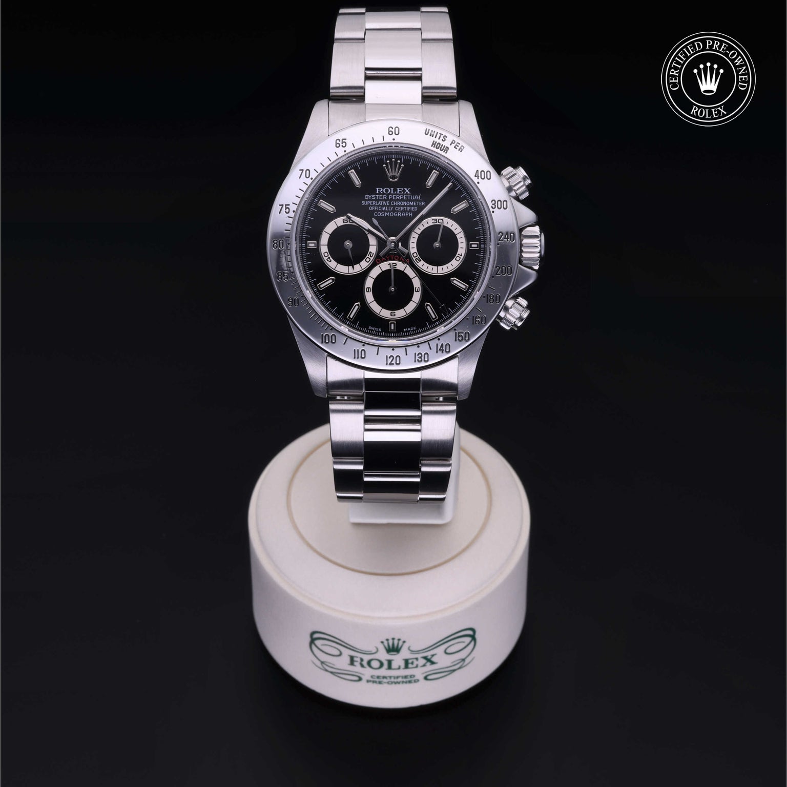 Rolex Certified Pre-owned Daytona M16520-0002 front on black background
