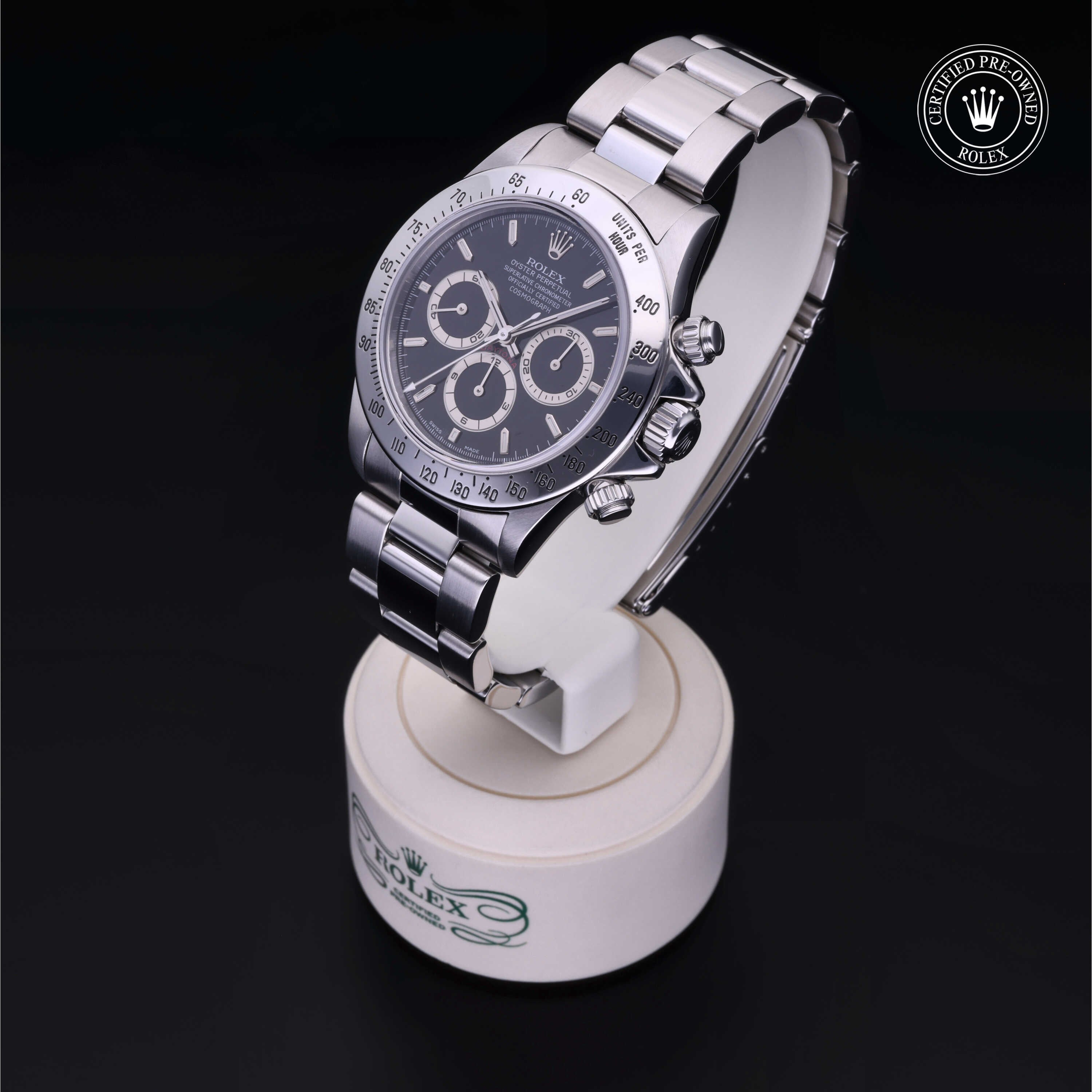 Rolex Certified Pre-owned Daytona M16520-0002 front on black background