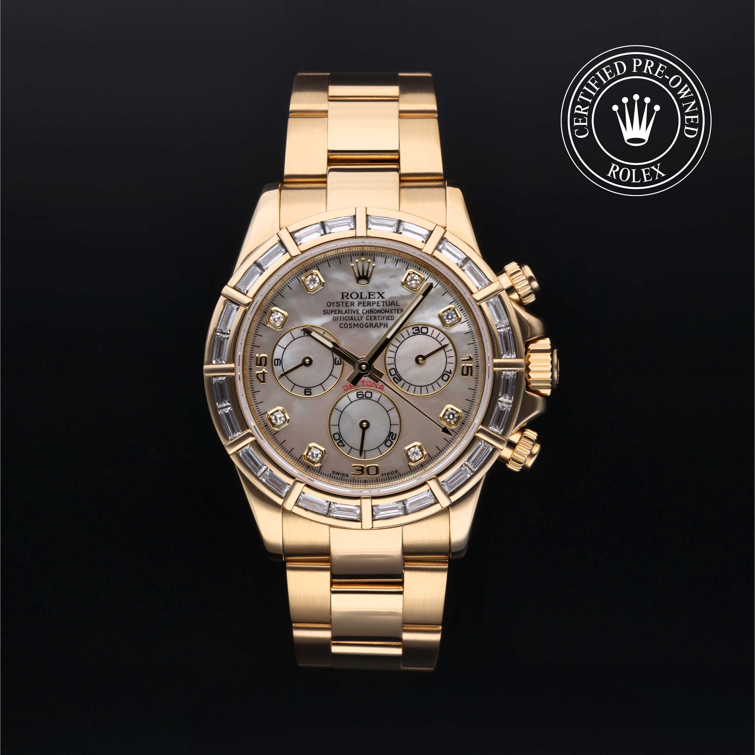 Rolex Certified Pre-owned Daytona M116568BR-0002 front on black background