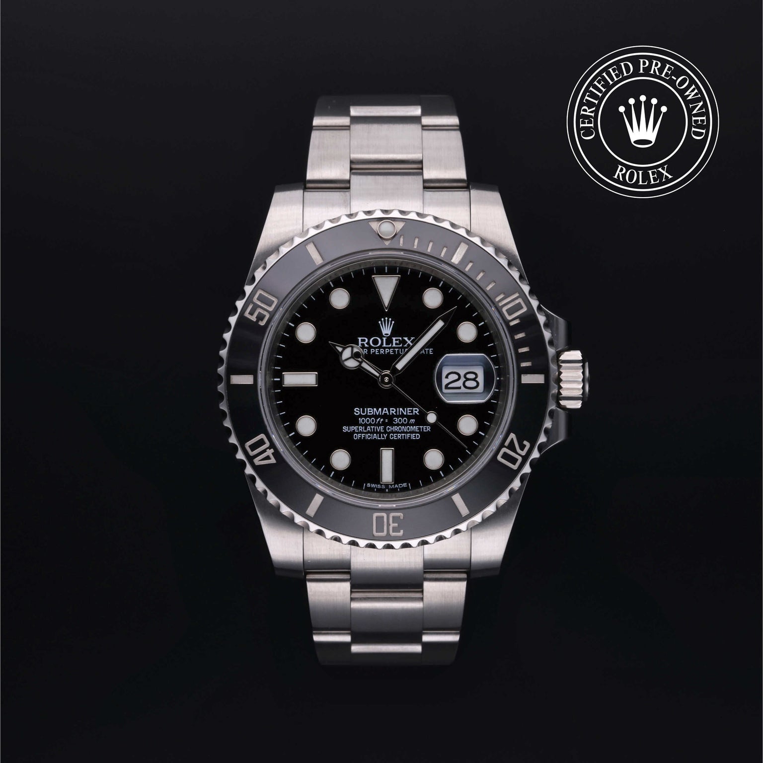 Rolex Certified Pre-owned Submariner Date M116610LN-0001 front on black background
