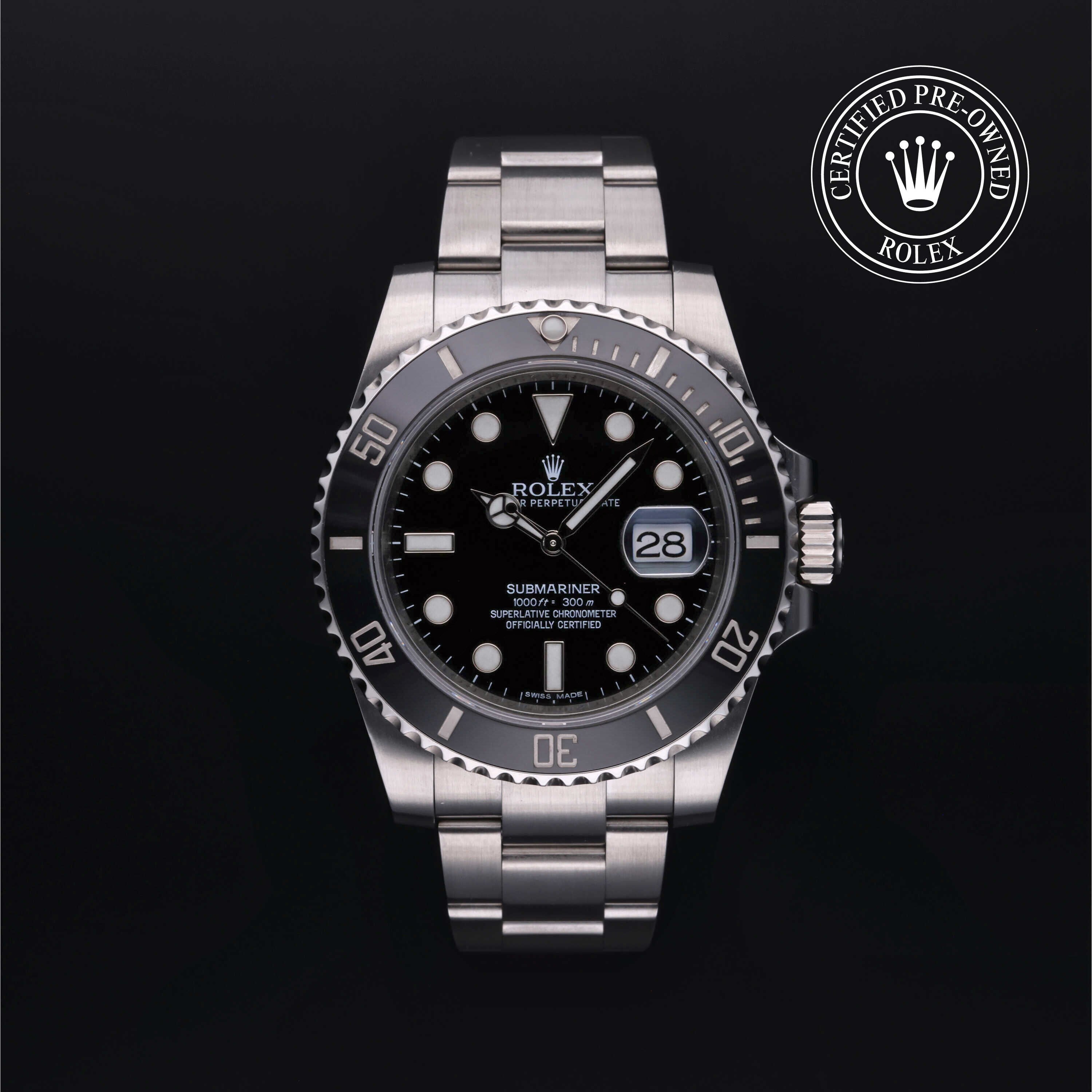 Rolex Certified Pre-owned Submariner Date M116610LN-0001 front on black background