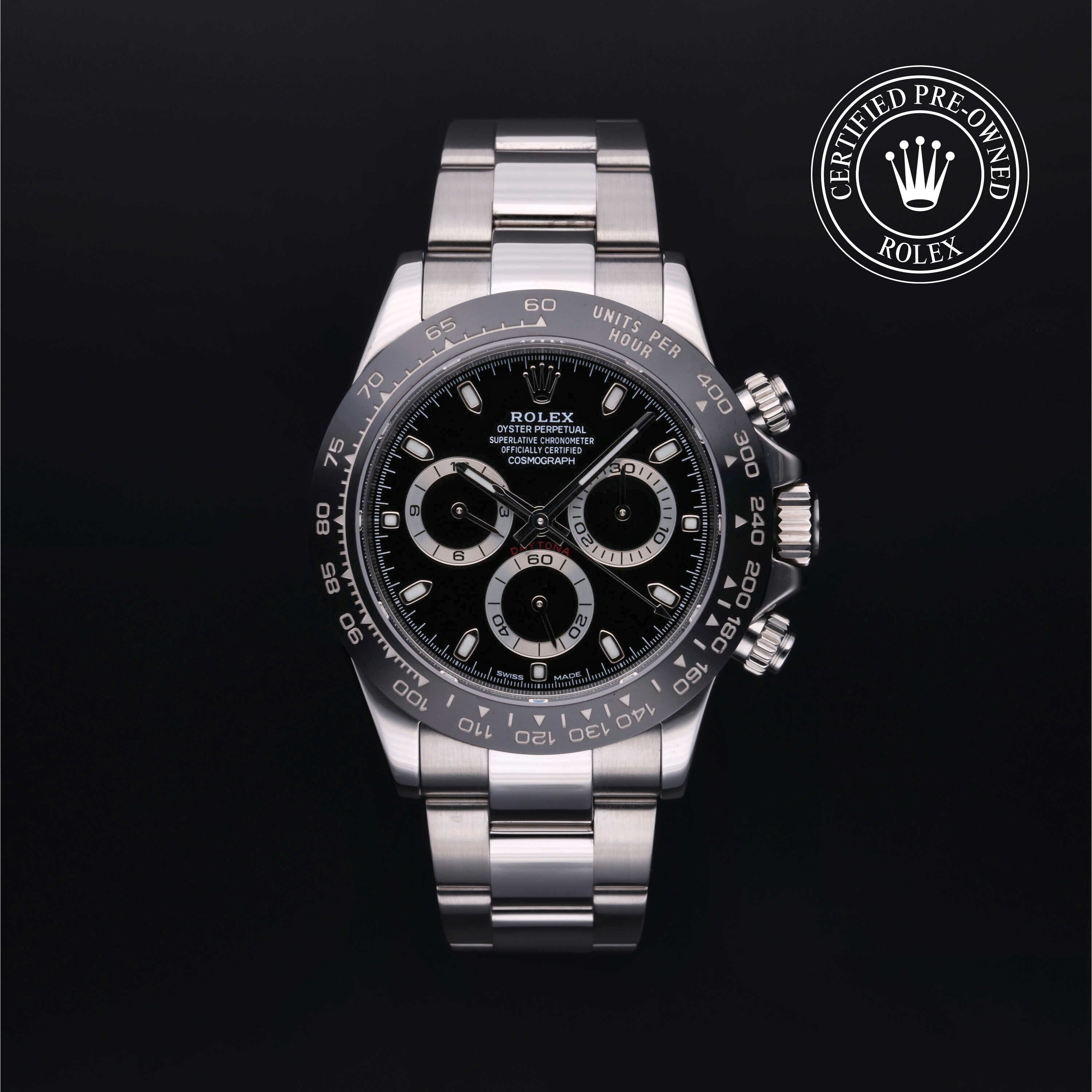 Rolex Certified Pre-owned Daytona M116500LN-0002 front on black background
