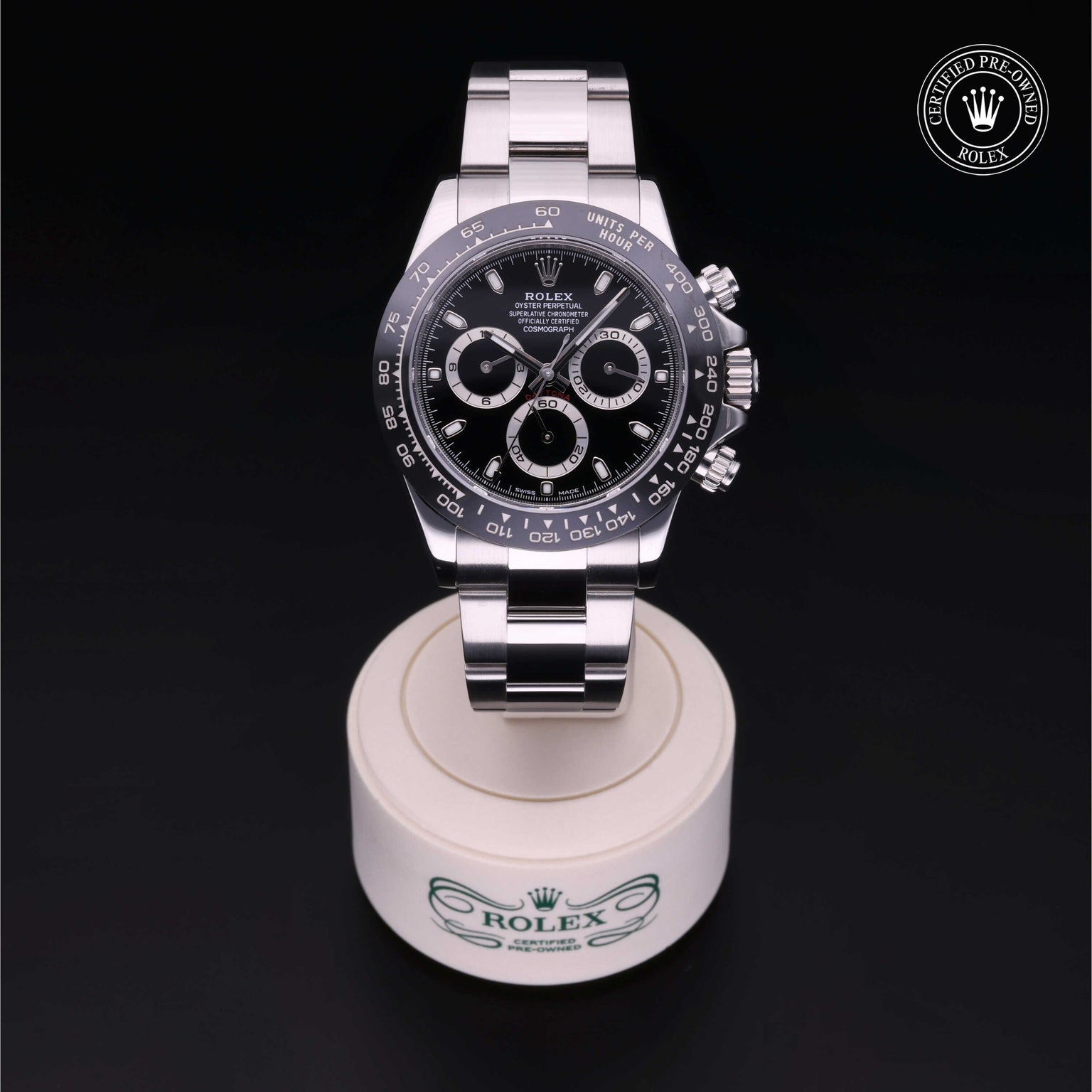 Rolex Certified Pre-owned Daytona M116500LN-0002 front on black background