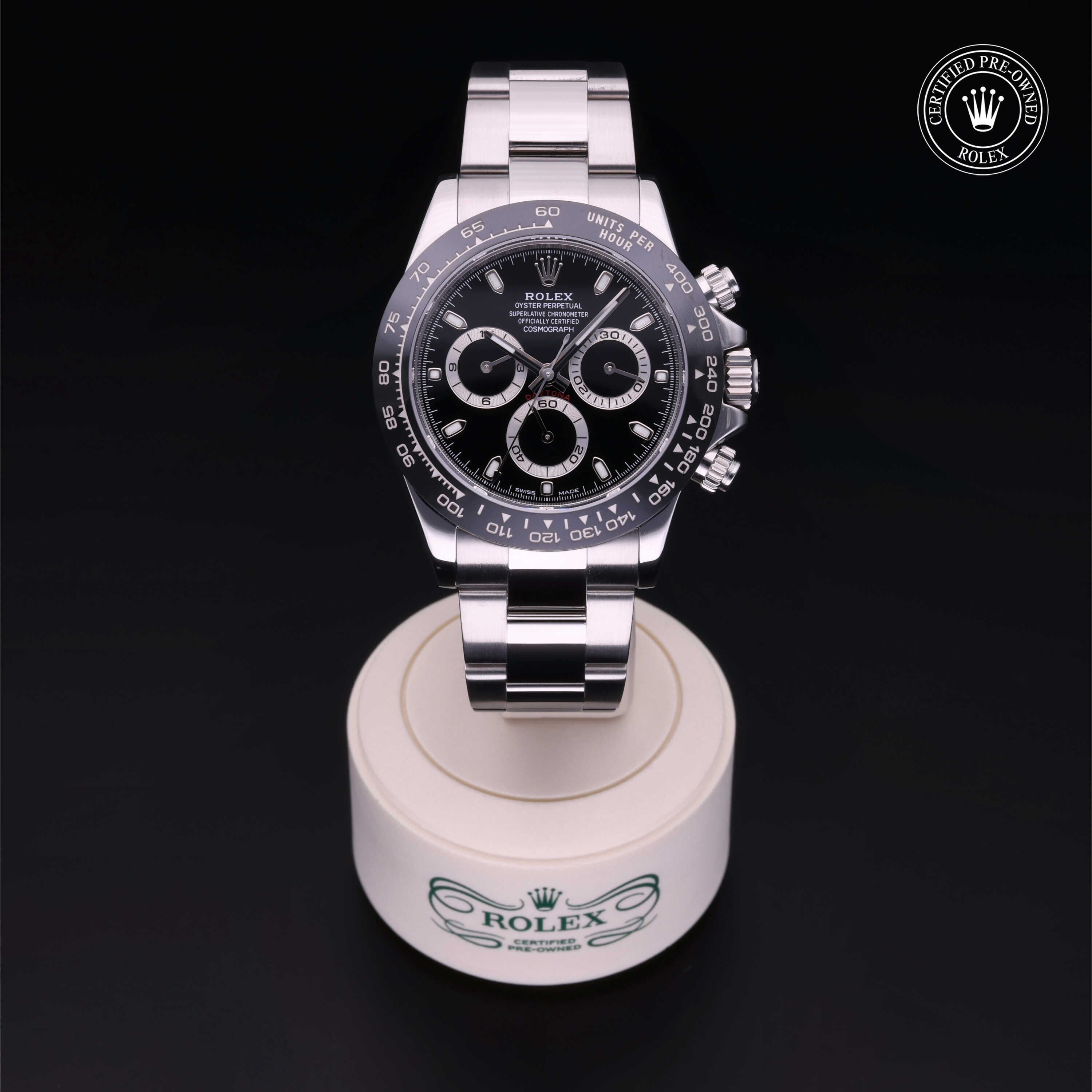 Rolex Certified Pre-owned Daytona M116500LN-0002 front on black background