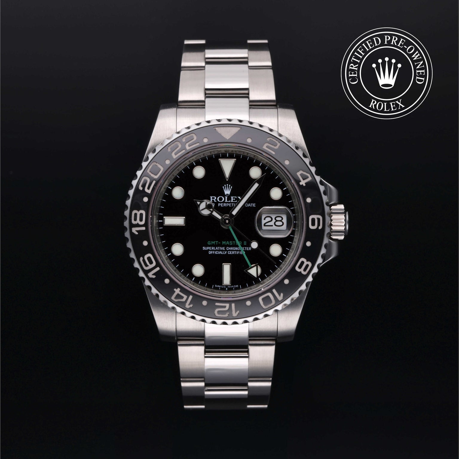 Rolex Certified Pre-owned GMT II M116710LN-0001 front on black background