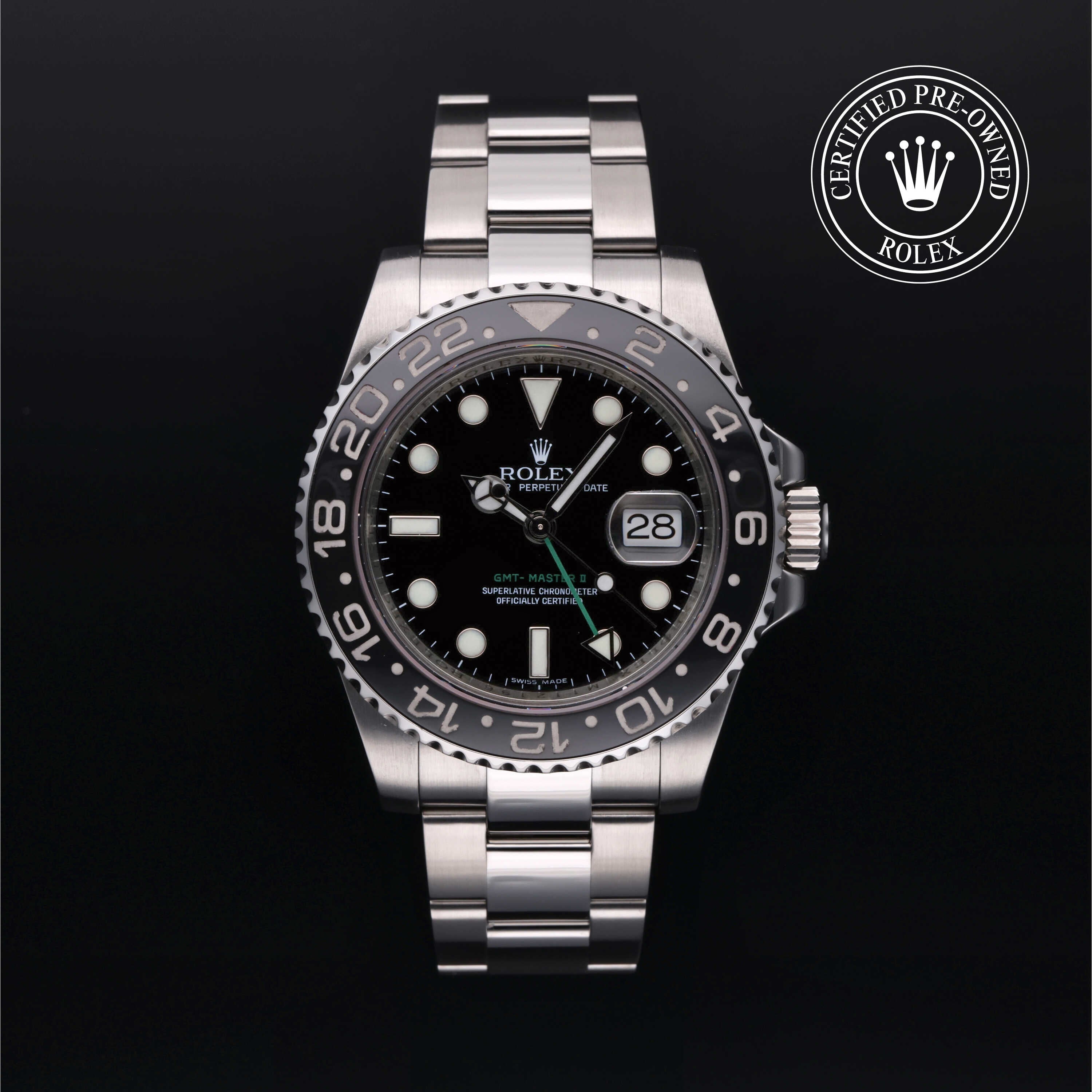 Rolex Certified Pre-owned GMT II M116710LN-0001 front on black background