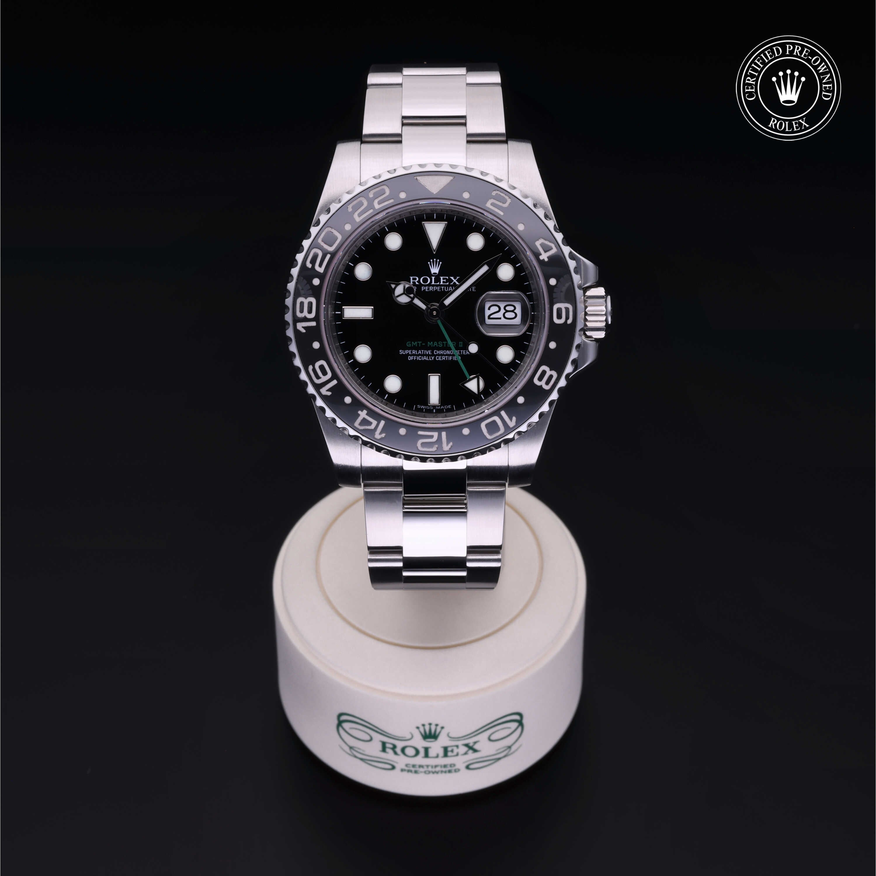 Rolex Certified Pre-owned GMT II M116710LN-0001 front on black background